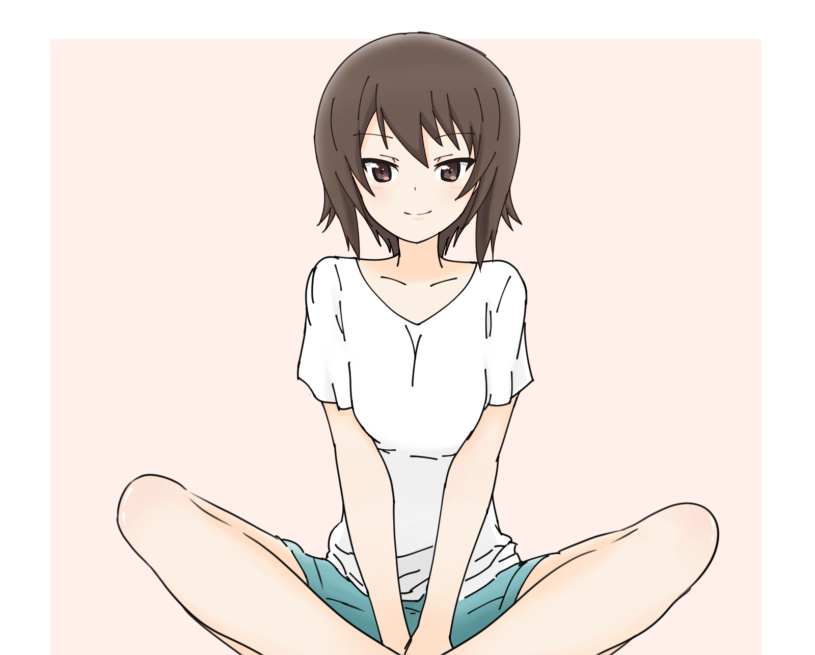 nishizumi maho, girls und panzer, commentary request, highres, 1girl, blue shorts, breasts, brown eyes, brown hair, large breasts, looking at viewer, shirt, short hair, short sleeves, shorts, simple background, sitting, smile, solo, t-shirt, two-tone background, v arms, wassy 1205, white shirt
