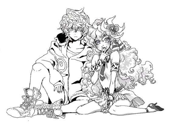 lordgenome, nia teppelin, tengen toppa gurren lagann, 00s, 1boy, 1girl, age difference, aged down, animal, armlet, bracelet, curly hair, father and daughter, flower, greyscale, hair flower, hair ornament, hood, hoodie, jewelry, monochrome, sitting, time paradox