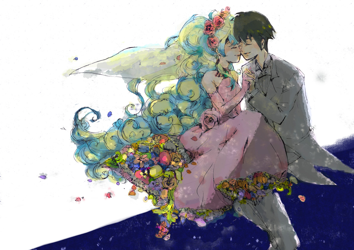 mizumi (mizukomu), mizumi (pixiv), nia teppelin, simon (ttgl), tengen toppa gurren lagann, bad id, bad pixiv id, 00s, 1boy, 1girl, bridal veil, bride, closed eyes, couple, dress, face-to-face, flower, formal clothes, hetero, multicolored hair, pink dress, smile, suit, two-tone hair, veil, wedding dress