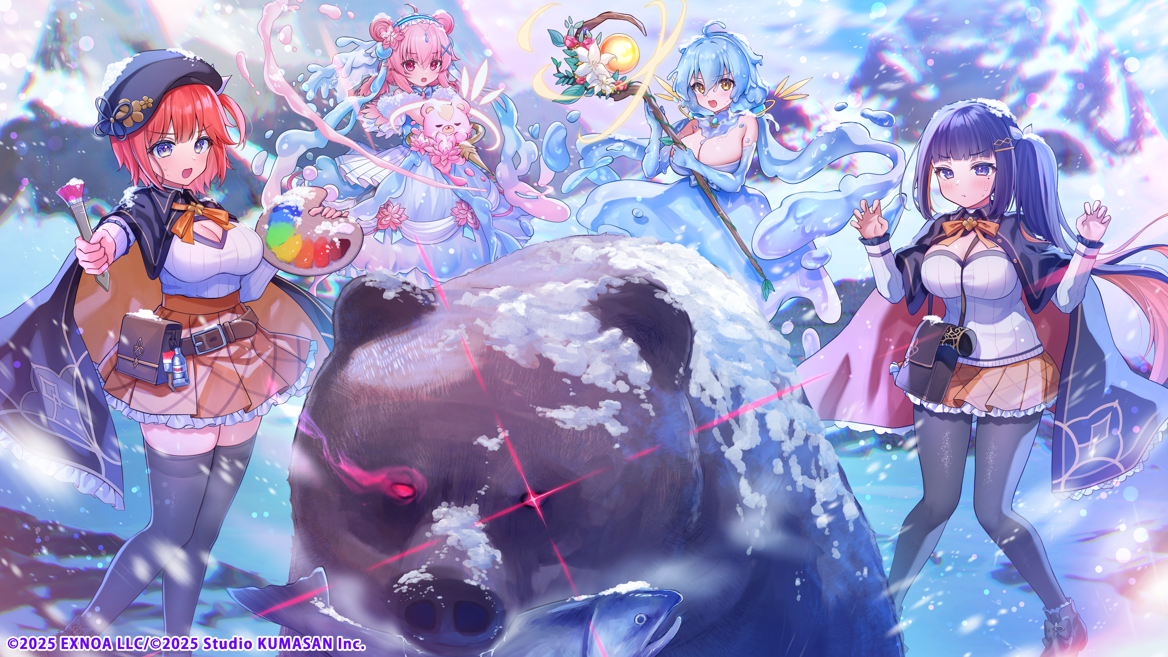 dmm, rin (monmusu td), flower knight girl, monster musume td, absurdres, highres, 4girls, animal, bear, blue eyes, blue hair, breasts, cape, cleavage, dress, holding, holding brush, holding staff, miniskirt, monster girl, multiple girls, paint palette, pantyhose, pink eyes, pink hair, red hair, skirt, slime girl, staff, thighhighs, yellow eyes