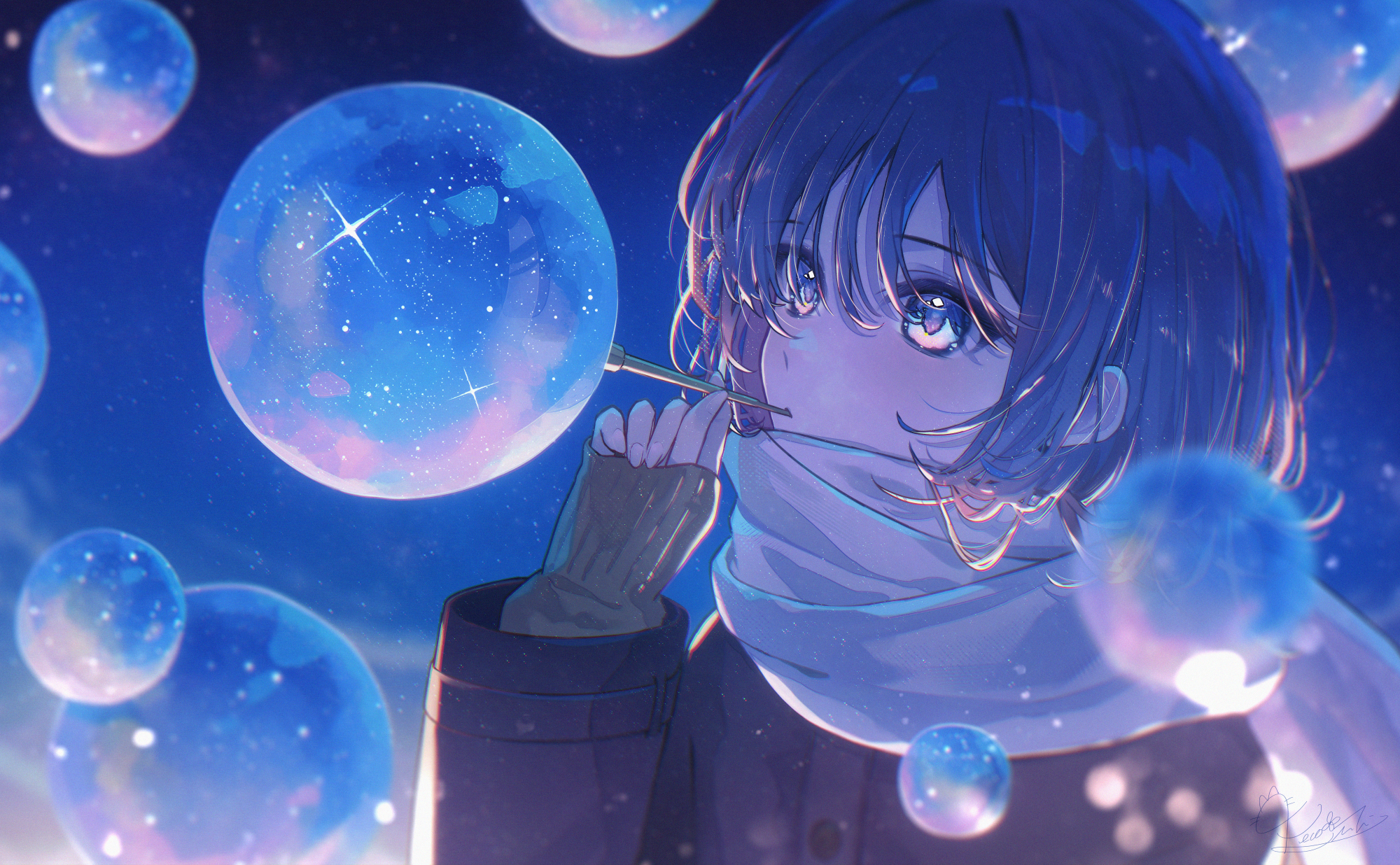 necojishi, original, commentary request, highres, 1girl, blowing bubbles, brown hair, hair over eyes, hand up, jacket, long bangs, looking to the side, medium hair, night, scarf, signature, sleeves past wrists, soap bubbles, solo, sweater, white scarf, winter
