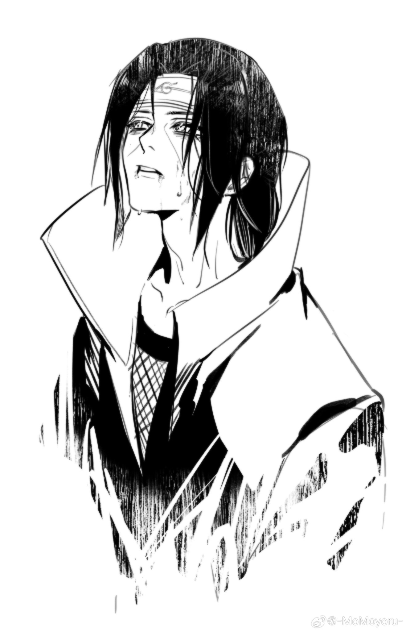 momoyoru1, uchiha itachi, naruto (series), naruto shippuuden, commentary, highres, 1boy, akatsuki uniform, cropped torso, fishnets, long hair, looking up, male focus, parted lips, simple background, solo, sweat, teeth, upper body, watermark, weibo watermark, white background