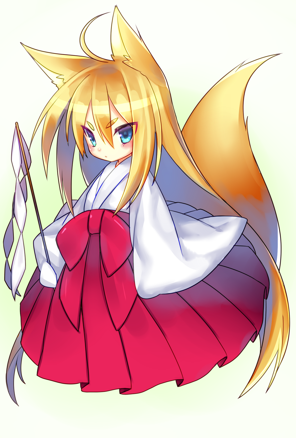 sasaki shou, original, commentary request, highres, 1girl, ahoge, animal ears, blonde hair, blue eyes, blush, chibi, expressionless, fox ears, fox girl, fox tail, full body, gohei, hakama, hakama skirt, japanese clothes, kimono, long hair, miko, red hakama, skirt, solo, tail, very long hair