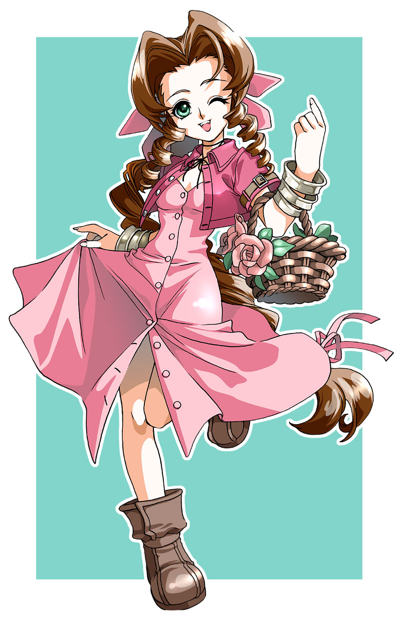 yonesuke, aerith gainsborough, final fantasy, final fantasy vii, highres, 1990s (style), 1girl, basket, belt, boots, bracelet, brown hair, dress, female focus, full body, green eyes, jacket, jewelry, long hair, open mouth, pink ribbon, ribbon, solo, wink