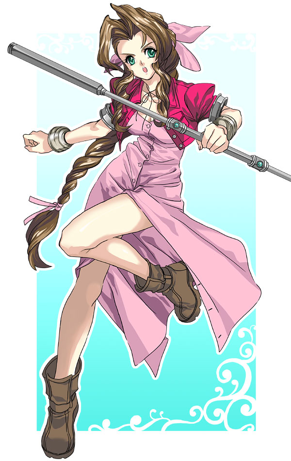 yonesuke, aerith gainsborough, final fantasy, final fantasy vii, 1990s (style), 1girl, boots, bow, bracelet, braid, brown hair, cropped jacket, dress, female focus, green eyes, hair ribbon, jacket, jewelry, long dress, long hair, open mouth, pink bow, pink dress, pink ribbon, ponytail, retro artstyle, ribbon, single braid, solo, staff, very long hair