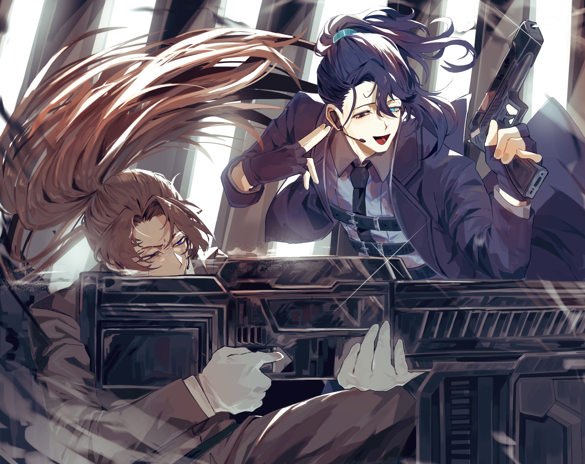 heathcliff (project moon), hong lu (project moon), limbus company, project moon, commentary request, highres, 2boys, :d, aqua eyes, black coat, black eyes, black gloves, black hair, black necktie, brown coat, brown hair, brown pants, coat, curtained hair, fingerless gloves, floating hair, full-stop office (identity) (project moon), gloves, gun, half-closed eyes, handgun, headphones, heterochromia, holding, holding gun, holding weapon, multiple boys, necktie, official alternate costume, open mouth, pants, ponytail, railgun, shirt, smile, teihen do 9981, weapon, white gloves, white shirt