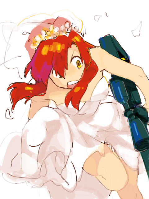 zukki (suzukio), yoko littner, tengen toppa gurren lagann, 00s, 1girl, anti-materiel rifle, bridal veil, bride, dress, female focus, flower, gun, red hair, rifle, running, sniper rifle, solo, strapless, strapless dress, tegaki, veil, weapon, wedding dress, white dress