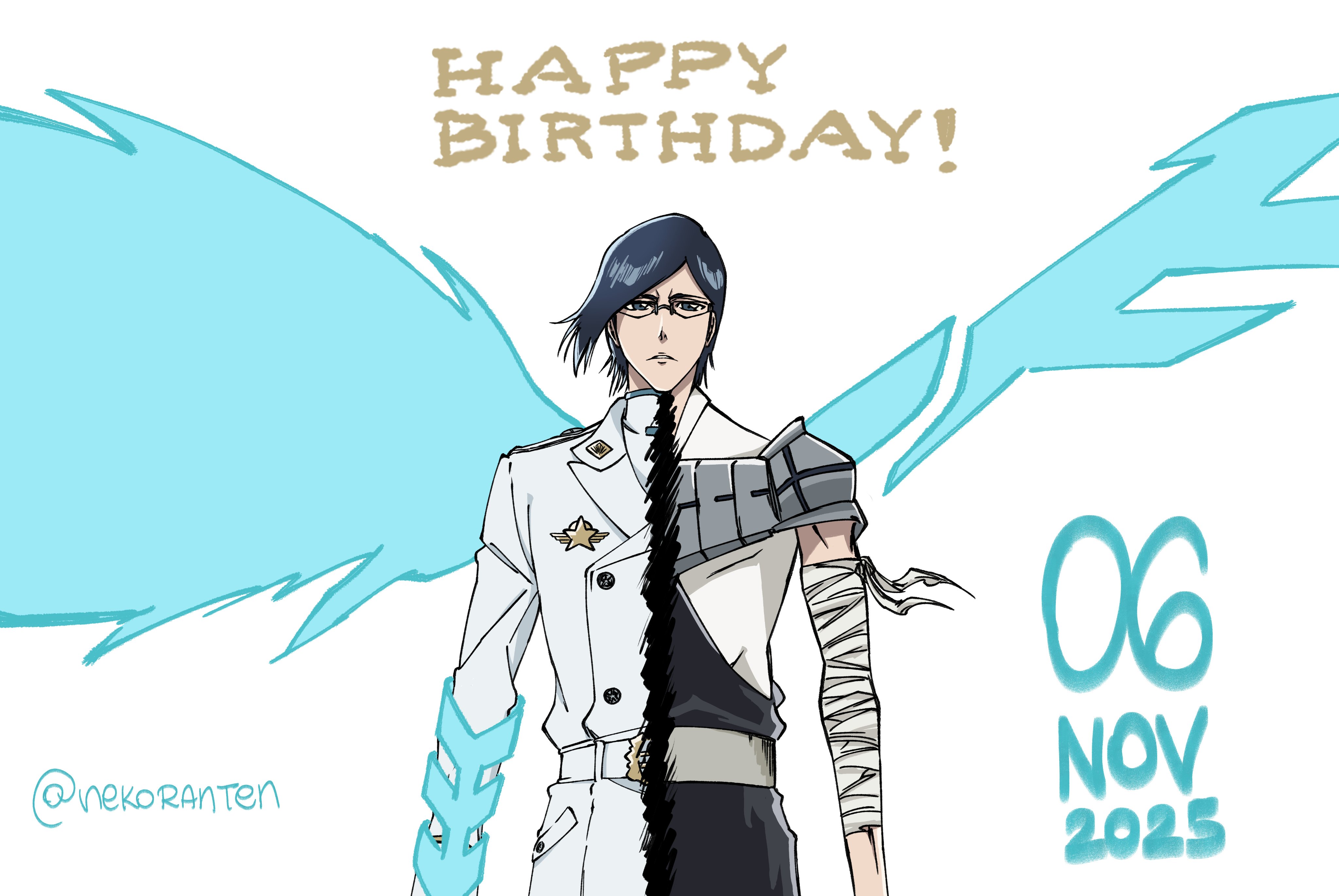 nekoranten, ishida uryuu, bleach, bleach: sennen kessen-hen, absurdres, commentary, english commentary, highres, 1boy, artist name, black hair, coat, dated, frown, glasses, grey eyes, happy birthday, male focus, quincy (bleach), signature, solo, symmetry, upper body, wandenreich uniform, white coat, wings