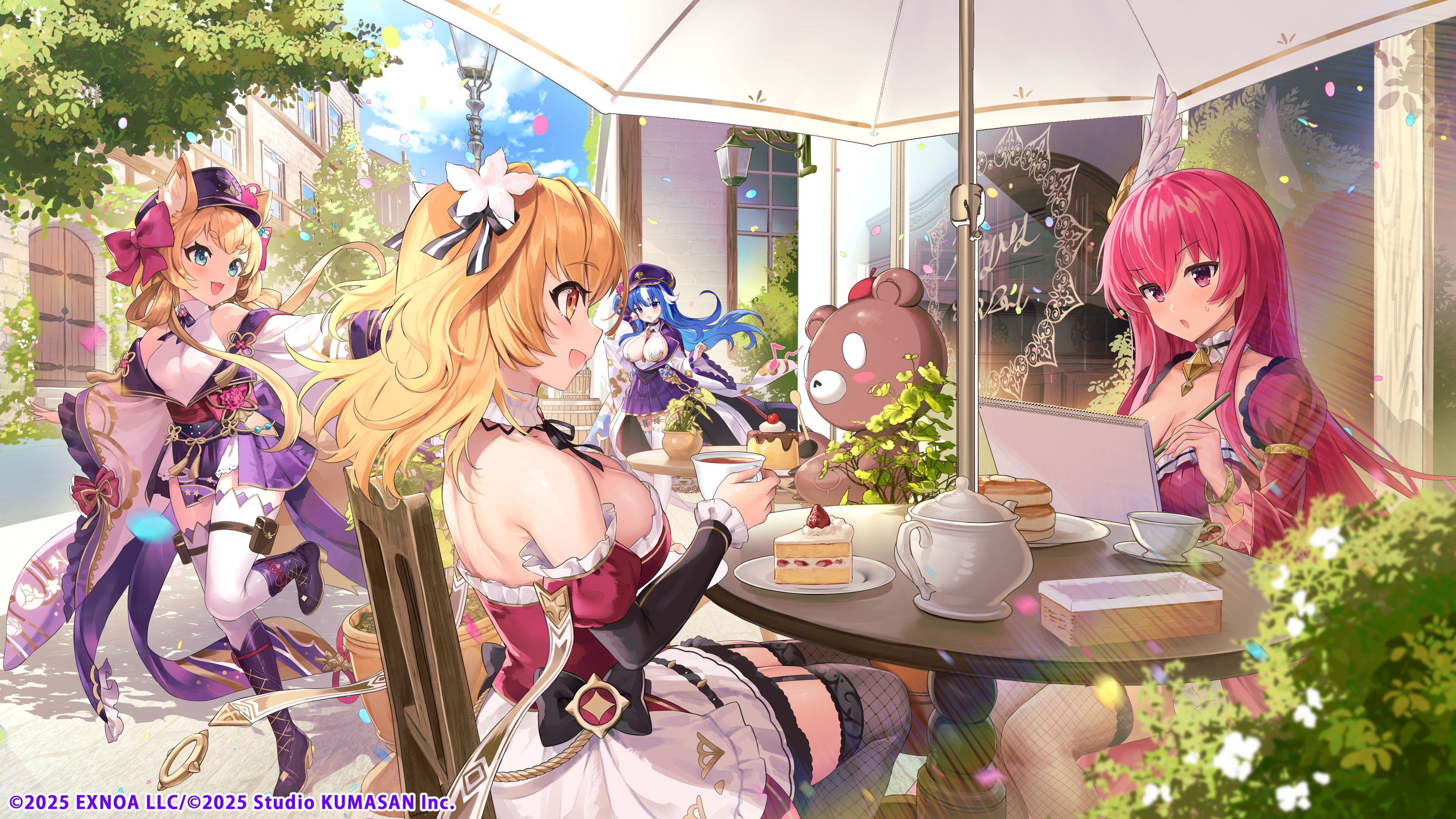 dmm, girls creation, absurdres, highres, 4girls, animal ears, bare shoulders, bear, blonde hair, blue eyes, blue hair, blush, breasts, cake, cake slice, cleavage, cup, dress, falling petals, fishnet thighhighs, fishnets, food, fox ears, hair ribbon, holding, holding cup, lamppost, large breasts, multiple girls, open mouth, outdoors, pancake, pancake stack, petals, pudding, red eyes, red hair, ribbon, sitting, skirt, smile, spoon, standing, standing on one leg, teacup, teapot, thigh strap, thighhighs, thighs, yellow eyes
