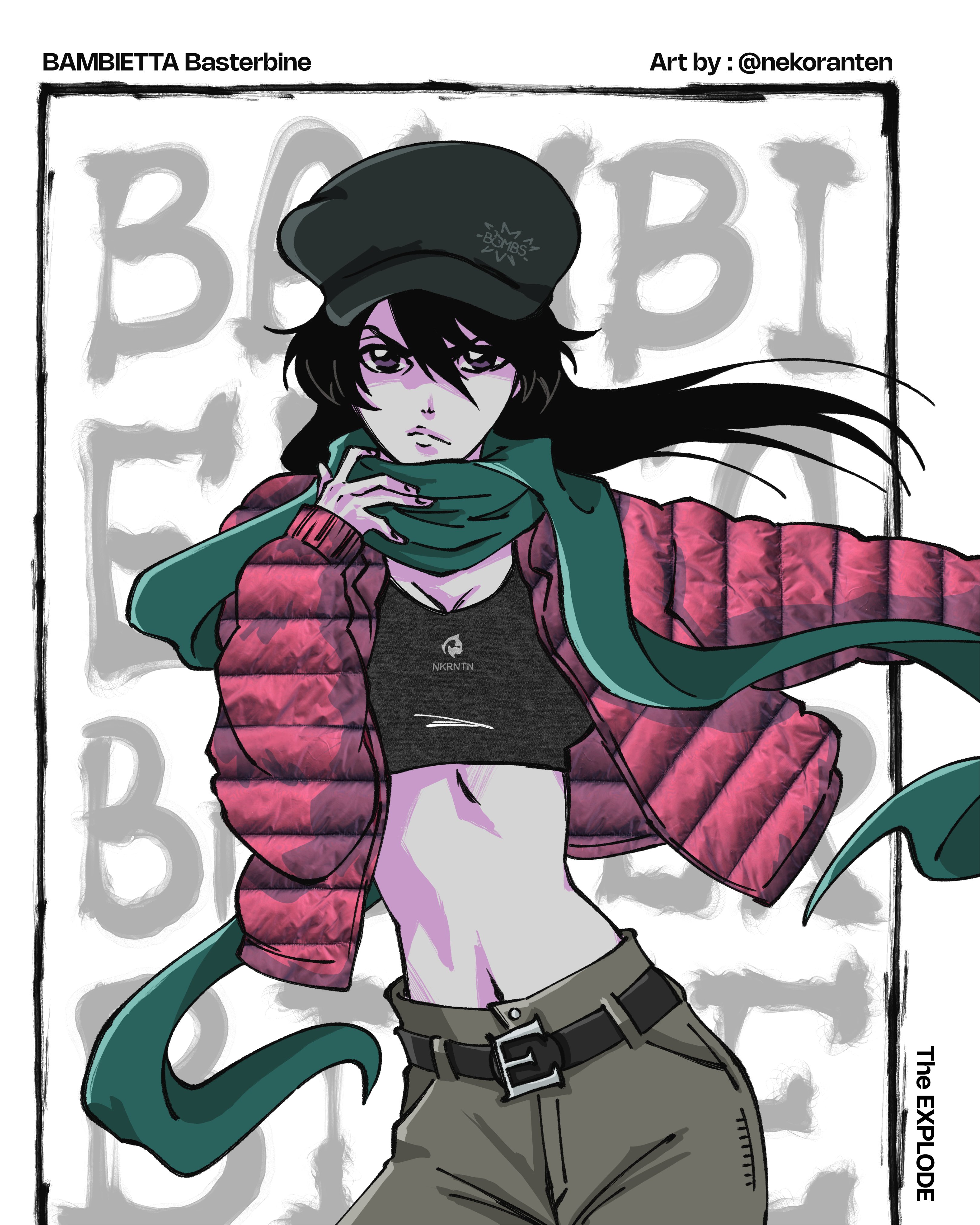 nekoranten, bambietta basterbine, bleach, bleach: sennen kessen-hen, absurdres, commentary, english commentary, highres, 1girl, black hair, black hat, black sports bra, breasts, character name, cleavage, coat, contrapposto, frown, green scarf, grey pants, hat, jacket, large breasts, limited palette, midriff, narrow waist, navel, open clothes, open jacket, pants, red jacket, scarf, serious, skinny, solo, sports bra, twitter username, upper body, v-shaped eyebrows, winter clothes, winter coat