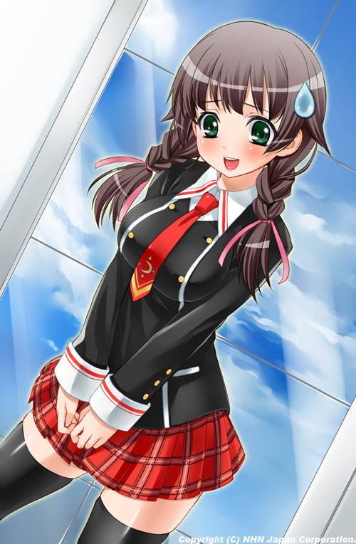 akito (ao's club), akito (artist), nakazawa asami, sakujo, 1girl, blush, braid, brown hair, female focus, green eyes, necktie, plaid clothes, plaid skirt, school uniform, skirt, solo, sweatdrop, thighhighs, twin braids