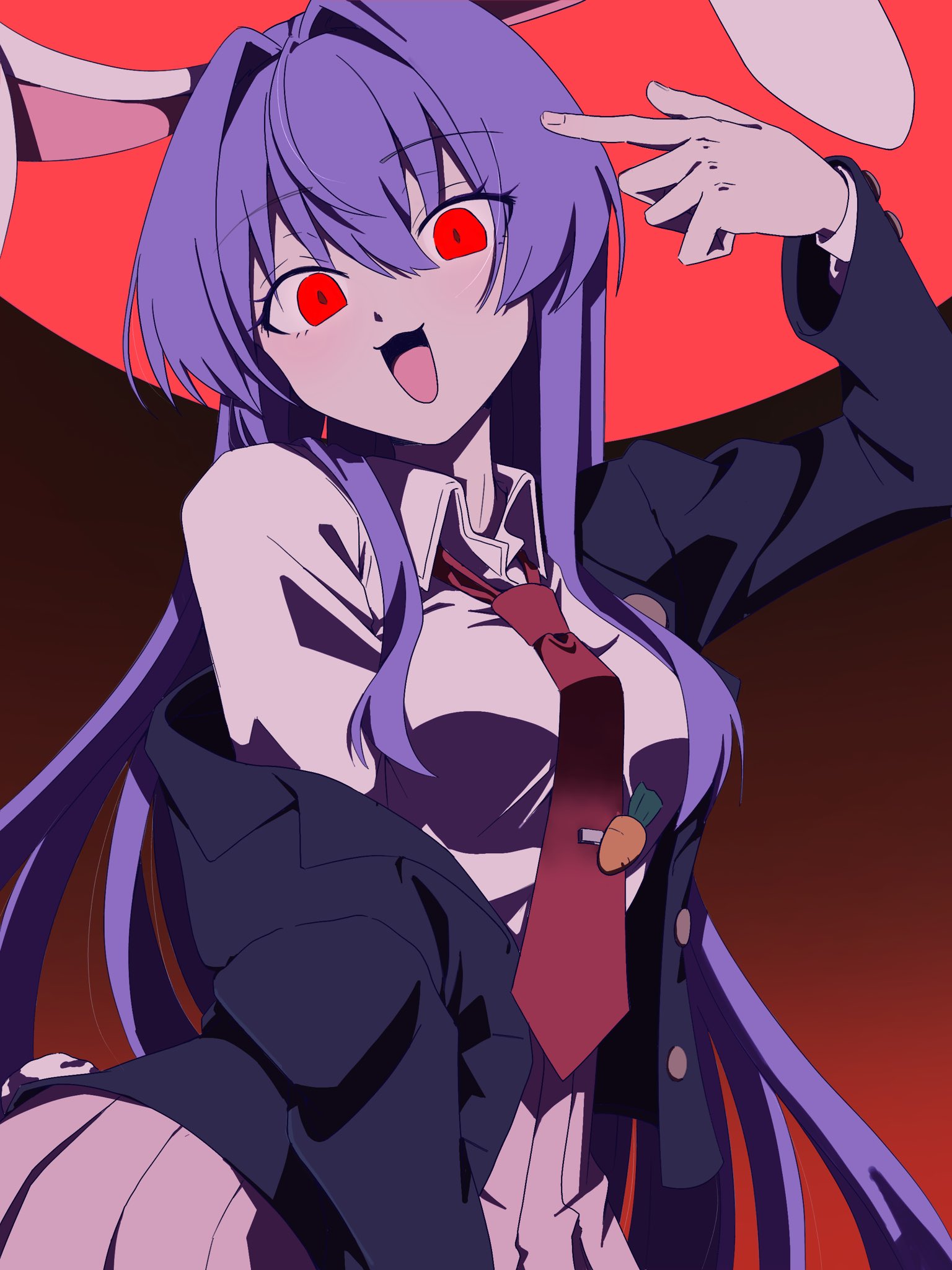 reisen udongein inaba, touhou, commentary request, highres, 1girl, :3, animal ears, black jacket, breasts, buttons, carrot, carrot pin, collared jacket, collared shirt, full moon, hair between eyes, hand up, jacket, jacket partially removed, large breasts, looking at viewer, moon, necktie, night, off shoulder, pin, pink skirt, pleated skirt, pointing, pointing at self, rabbit ears, rabbit girl, rabbit tail, red background, red eyes, red moon, red necktie, shirataki oden2, shirt, simple background, skirt, slit pupils, smile, tail, tongue, white fur, white shirt