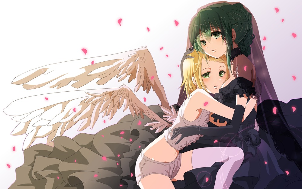hiiro (kikokico), kiko, hatsune miku, kagamine rin, himitsu ~kuro no chikai~ (vocaloid), vocaloid, bad id, bad pixiv id, 2girls, blonde hair, blush, braid, braided bangs, dress, elbow gloves, gloves, green eyes, green hair, hug, multiple girls, petals, thighhighs, veil, wings, yuri