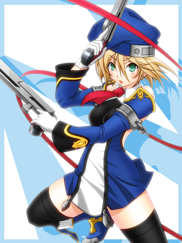 mk-u (ninja-), ninja-, noel vermillion, arc system works, blazblue, uniform, 1girl, bare shoulders, beret, blonde hair, boots, detached sleeves, female focus, gloves, green eyes, gun, handgun, hat, necktie, red ribbon, ribbon, short hair, solo, thighhighs, weapon, white gloves, zettai ryouiki