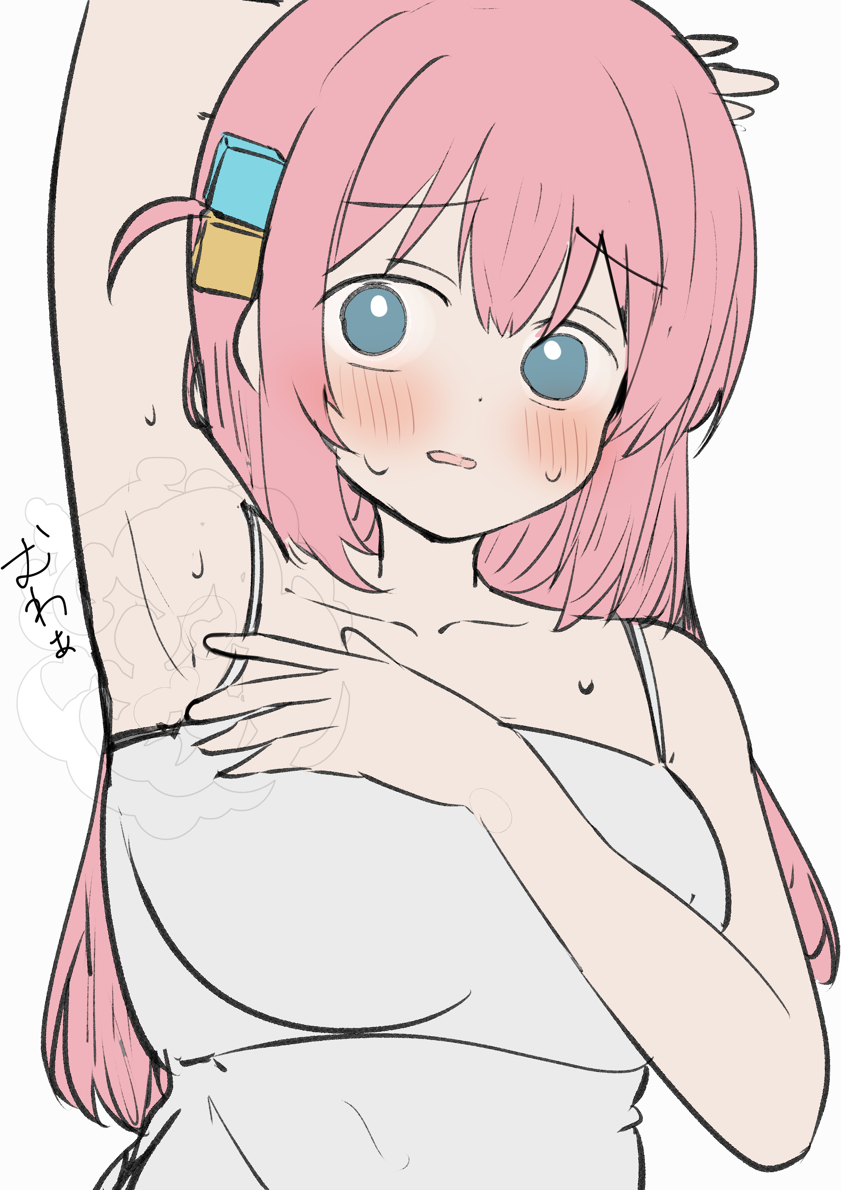 sunya (honorin-yuunibo), gotoh hitori, bocchi the rock!, absurdres, commentary request, highres, 1girl, ahoge, arm behind head, armpits, bare shoulders, blue eyes, blush, breasts, cube hair ornament, dress, dress straps, hair ornament, hand up, large breasts, long hair, looking at viewer, open mouth, pink hair, simple background, sleeveless, sleeveless dress, solo, sweat, sweatdrop, upper body, white background, white dress