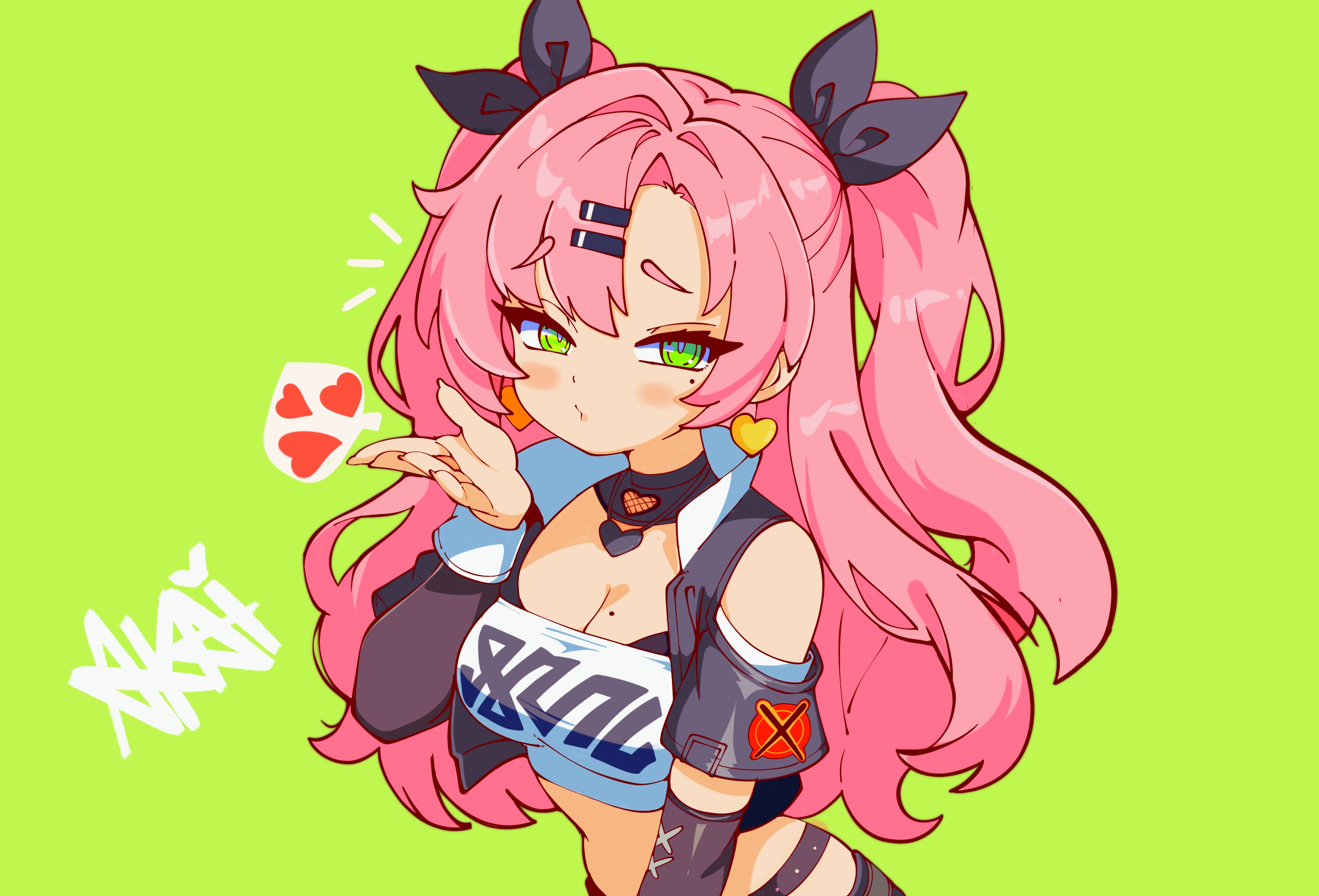 nicole demara, zenless zone zero, highres, 1girl, akaibeeyume, bare shoulders, black ribbon, bra, bra peek, breasts, cleavage, clothing cutout, green eyes, hair ornament, hair ribbon, hairclip, hand up, heart, long hair, long sleeves, looking at viewer, midriff, mole, mole under eye, pink hair, ribbon, shoulder cutout, solo, strapless, tube top, two side up, underwear, upper body, very long hair