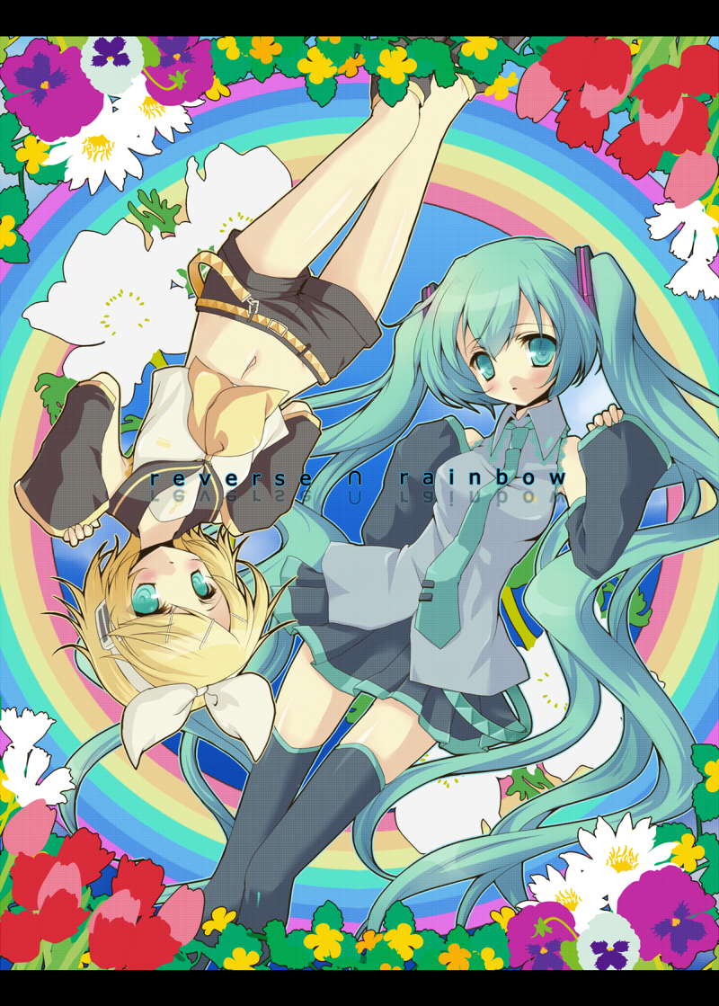 oota minoru, hatsune miku, kagamine rin, sakasama rainbow (vocaloid), vocaloid, bad id, bad pixiv id, 2girls, aqua eyes, aqua flower, aqua hair, blonde hair, detached sleeves, flower, hair ornament, hair ribbon, hairclip, letterboxed, long hair, multiple girls, navel, rainbow, ribbon, rotational symmetry, shorts, skirt, thighhighs, tulip, twintails, upside-down, very long hair, water lily flower, zettai ryouiki