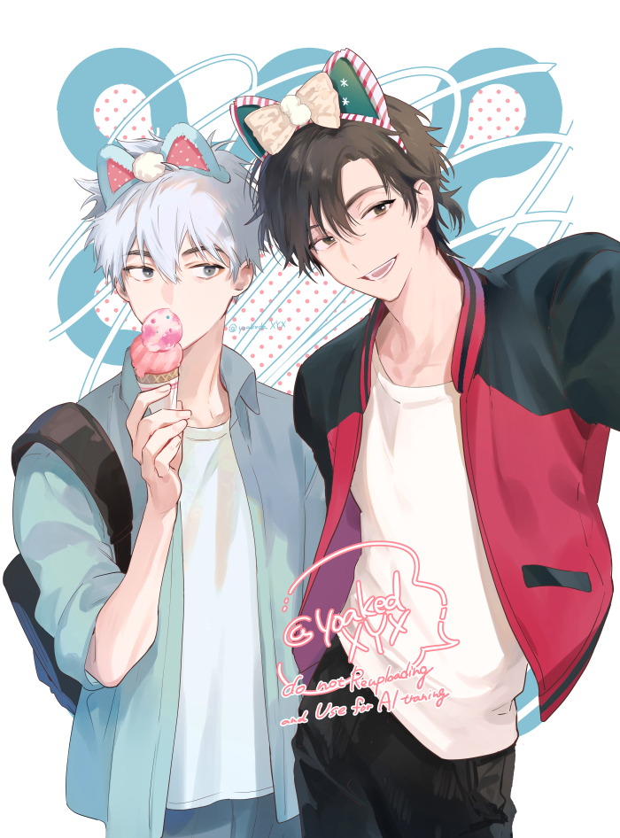 cheng xiaoshi, lu guang, shiguang dailiren, commentary request, 2boys, :d, alternate costume, animal ear hairband, animal ears, backpack, bag, black bag, black hair, black jacket, black pants, blue pants, blue shirt, bow, brown eyes, brown hair, cat ear hairband, cat ears, collarbone, collared shirt, cowboy shot, eating, fake animal ears, food, grey eyes, hair between eyes, hair bow, hairband, hand up, holding, holding food, holding ice cream cone, ice cream, ice cream cone, jacket, long sleeves, looking at viewer, male focus, multicolored jacket, multiple boys, open clothes, open jacket, open mouth, pants, polka dot, polka dot bow, ponytail, reaching, reaching towards viewer, red jacket, selfie, shirt, short hair, short ponytail, simple background, smile, standing, teeth, twitter username, two-tone jacket, undershirt, watermark, white background, white hair, white shirt, yoakedaxyx