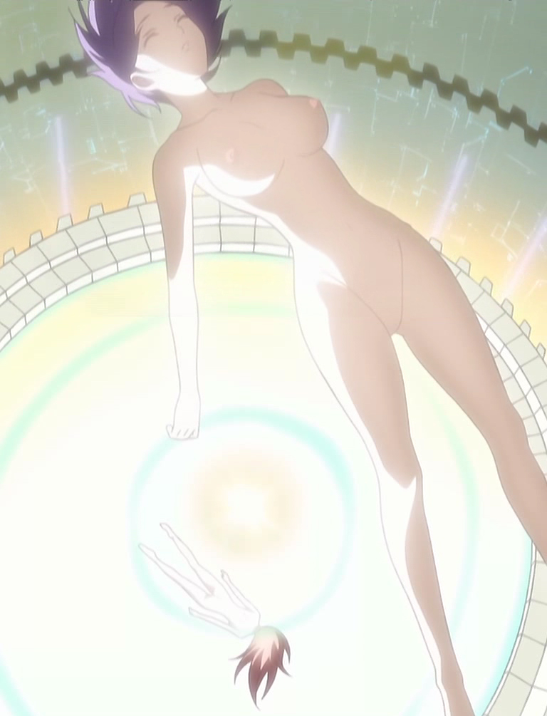 eclair (kiddy grade), kiddy grade, 00s, alternate costume, breasts, brown hair, closed eyes, long hair, nude, purple hair, short hair, transformation