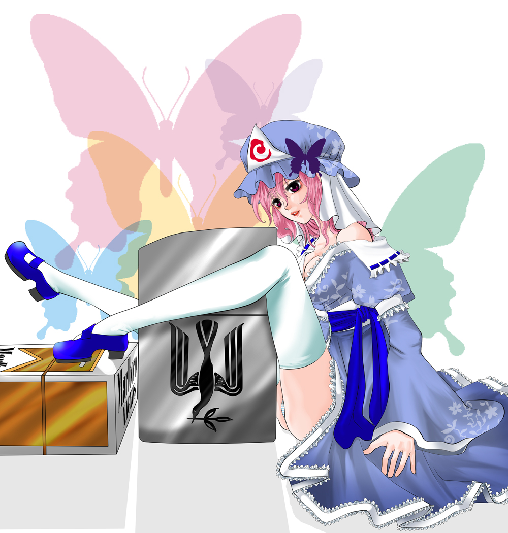 okayu326, saigyouji yuyuko, marlboro, touhou, bad id, bad pixiv id, 1girl, between legs, breasts, bug, butterfly, cigarette pack, cleavage, female focus, frills, full body, hat, insect, japanese clothes, kimono, lighter, mary janes, mini person, minigirl, off shoulder, panties, pantyshot, pink hair, purple eyes, shoes, short hair, sitting, solo, thighhighs, underwear, white thighhighs