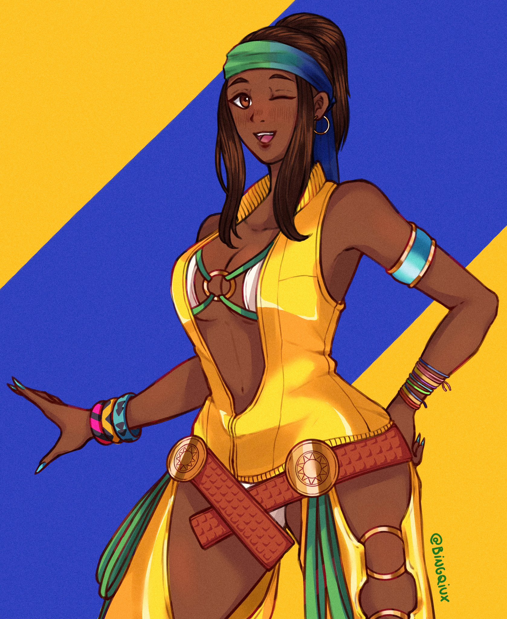 bingqiux, zarina, the king of fighters, 1girl, bikini, breasts, cleavage cutout, clothing cutout, curvy, dancer, dark-skinned female, dark skin, female focus, hairband, huge breasts, jewelry, large breasts, long hair, looking at viewer, one eye closed, panties, ring, smiley face, swimsuit, tan, thick thighs, thighs, underwear, white panties, wide hips, wink