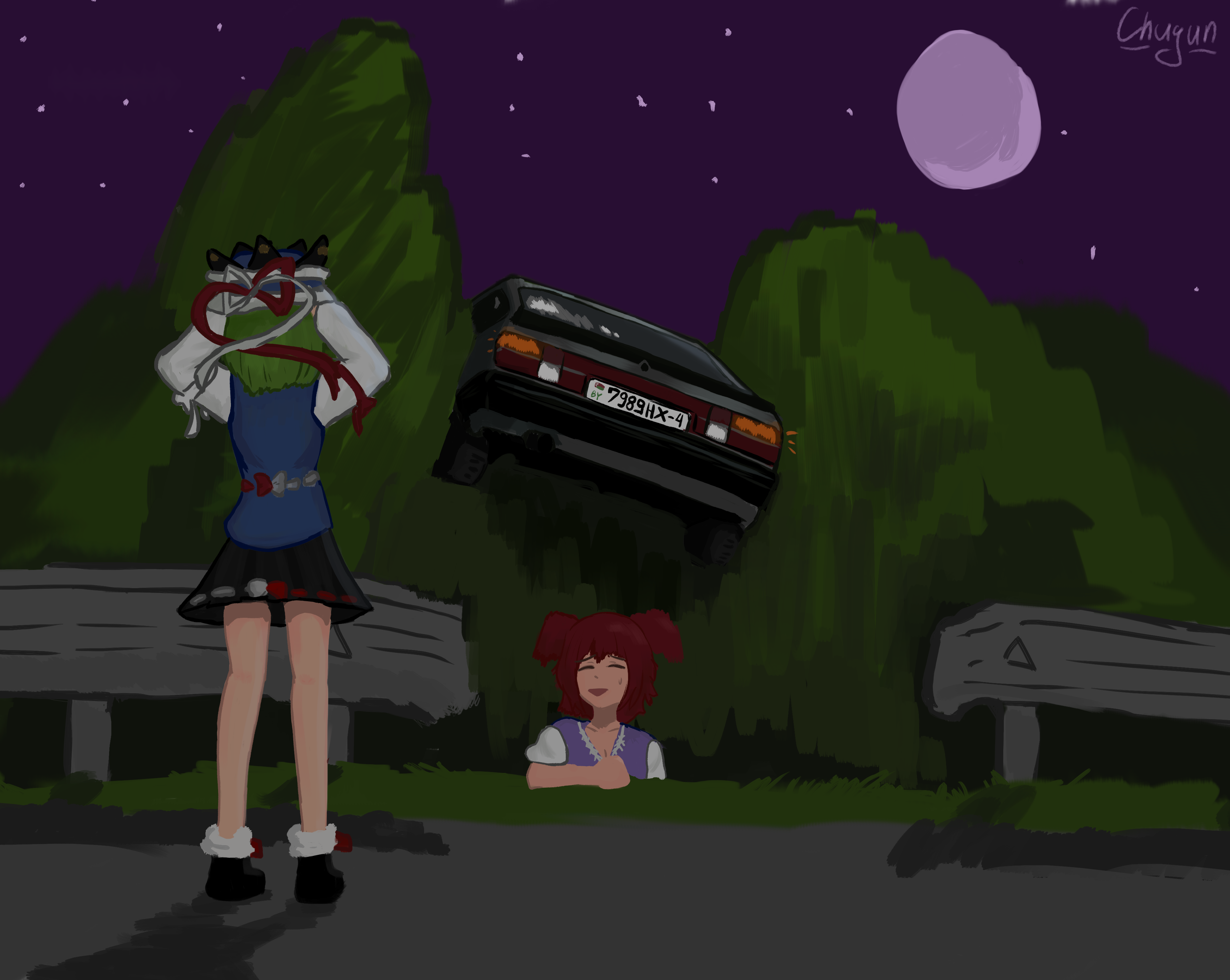 onozuka komachi, shiki eiki, phantasmagoria of flower view, touhou, absurdres, highres, non-web source, artist name, belarusian flag, car, chugun, forest, green hair, hat, moon, motor vehicle, nature, opel (company), opel ascona, red hair, ribbon, road, skirt, socks
