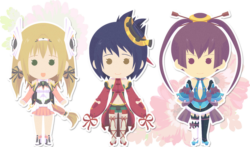 ka tsuta, aurica nestmile, finnel (ar tonelico), luca truelywaath, ar tonelico, ar tonelico i, ar tonelico ii, ar tonelico iii, gust, multicolored legwear, bad id, bad pixiv id, 3girls, asymmetrical clothes, asymmetrical legwear, blue hair, blue thighhighs, bow, brown hair, chibi, detached sleeves, flower, folded ponytail, garter belt, garter straps, green eyes, hair bow, hair ornament, hair ribbon, long hair, mismatched legwear, multiple girls, pleated skirt, ponytail, purple eyes, purple hair, ribbon, shimotsuki haruka, short hair, skirt, thighhighs, twintails, very long hair, voice actor connection, white thighhighs, yellow eyes