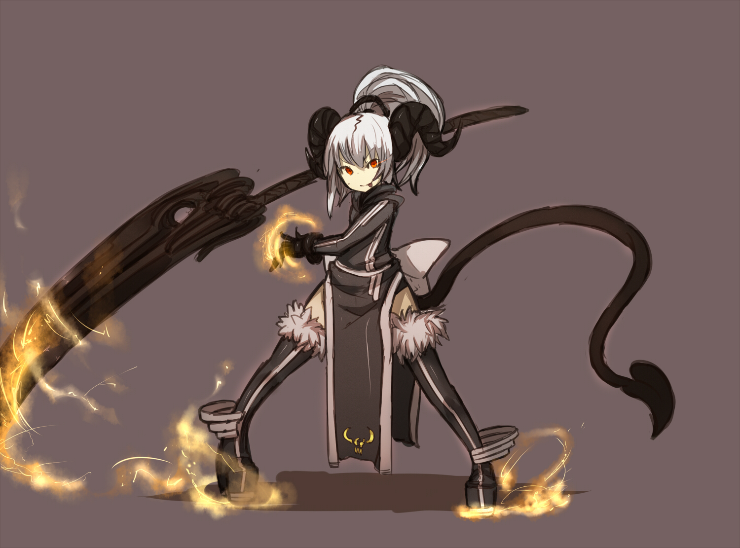 ganesagi, original, bad id, bad pixiv id, 1girl, :p, behemoth, demon girl, demon tail, female focus, horns, huge weapon, long hair, orange eyes, ponytail, solo, sword, tail, thighhighs, tongue, tongue out, weapon, white hair