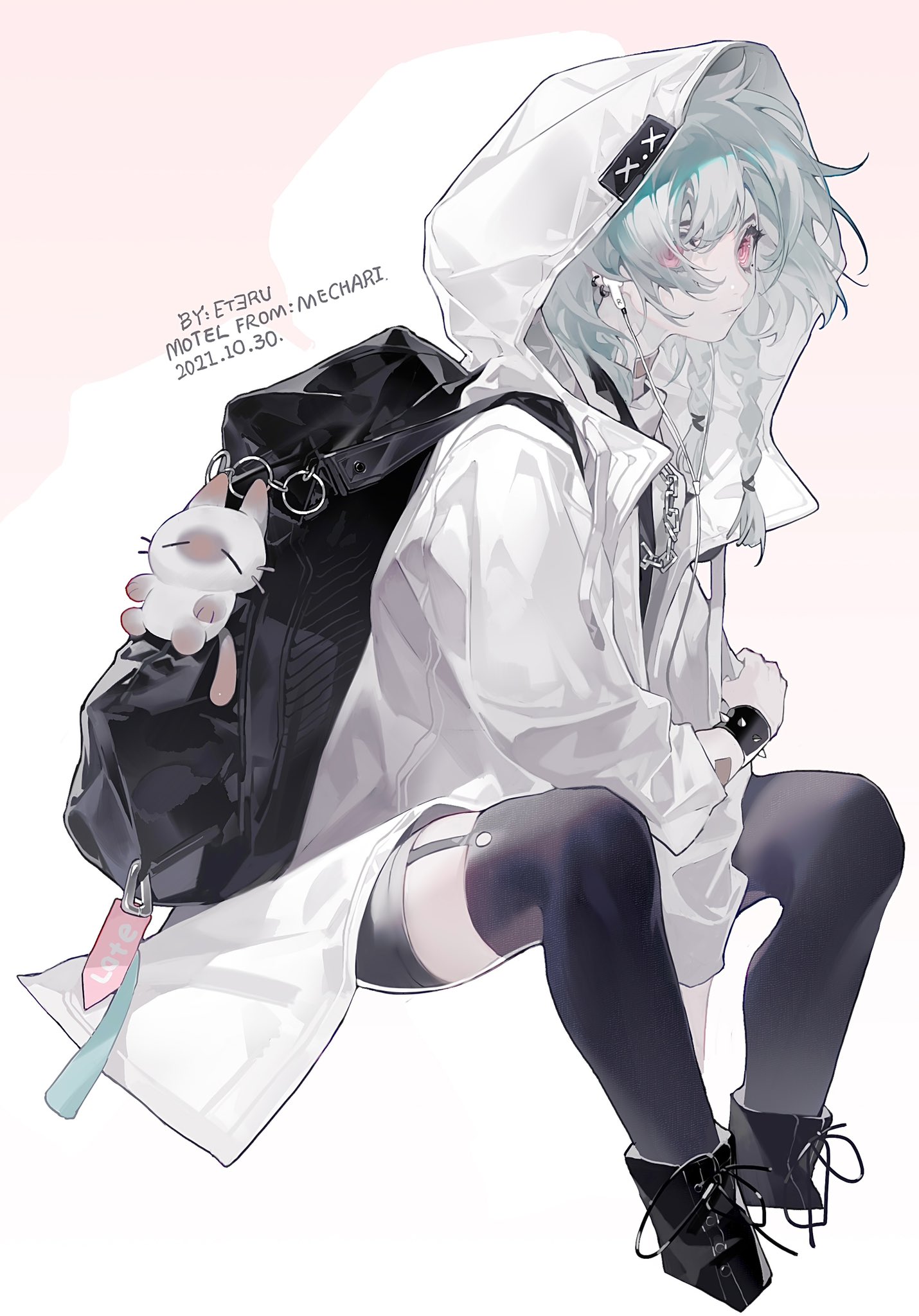 eteru, original, commentary request, highres, 1girl, androgynous, aqua hair, artist name, backpack, bag, black bag, black boots, black shirt, black thighhighs, boots, braid, chain, chain necklace, charm (object), closed mouth, dated, drawstring, ear piercing, earphones, earrings, english text, full body, garter straps, hair between eyes, hood, hood up, hooded jacket, invisible chair, jacket, jewelry, long hair, long sleeves, looking at viewer, medium hair, necklace, open clothes, pale skin, piercing, pink eyes, shirt, shorts, side braids, simple background, sitting, solo, spiked wristband, stuffed animal, stuffed cat, stuffed toy, thighhighs, watch, white background, white jacket