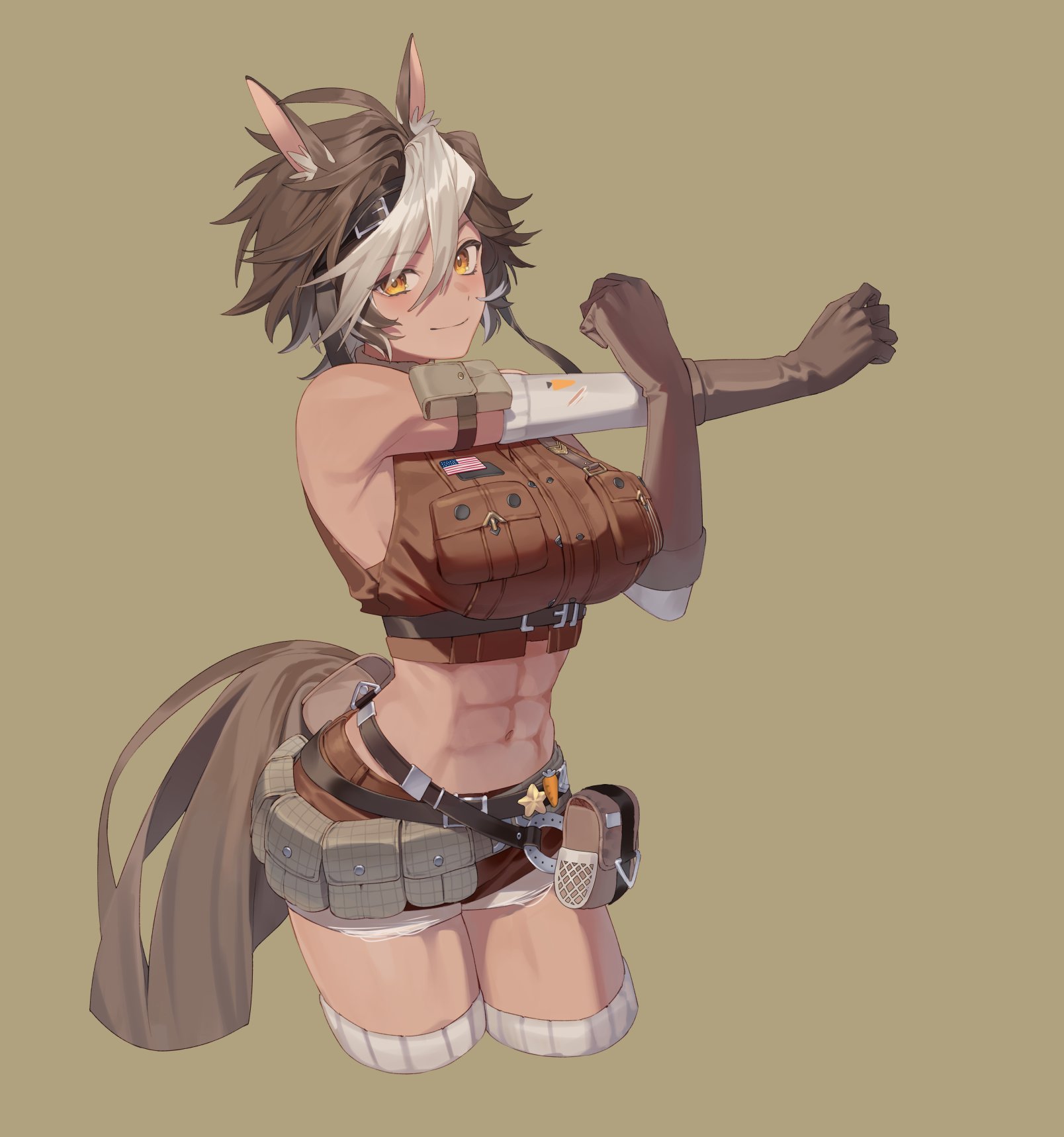 kito (kito mozooo), tomoe umari, tomoe umari (1st costume), indie virtual youtuber, commentary, commission, english commentary, highres, second-party source, animal ears, breasts, brown background, brown eyes, brown fur, brown gloves, brown hair, brown shirt, brown shorts, brown tail, closed mouth, cropped legs, cropped shirt, gloves, hair between eyes, horse ears, horse girl, horse tail, large breasts, looking at viewer, multicolored hair, shirt, short hair, shorts, simple background, sleeveless, sleeveless shirt, smile, solo, stretching, tail, virtual youtuber