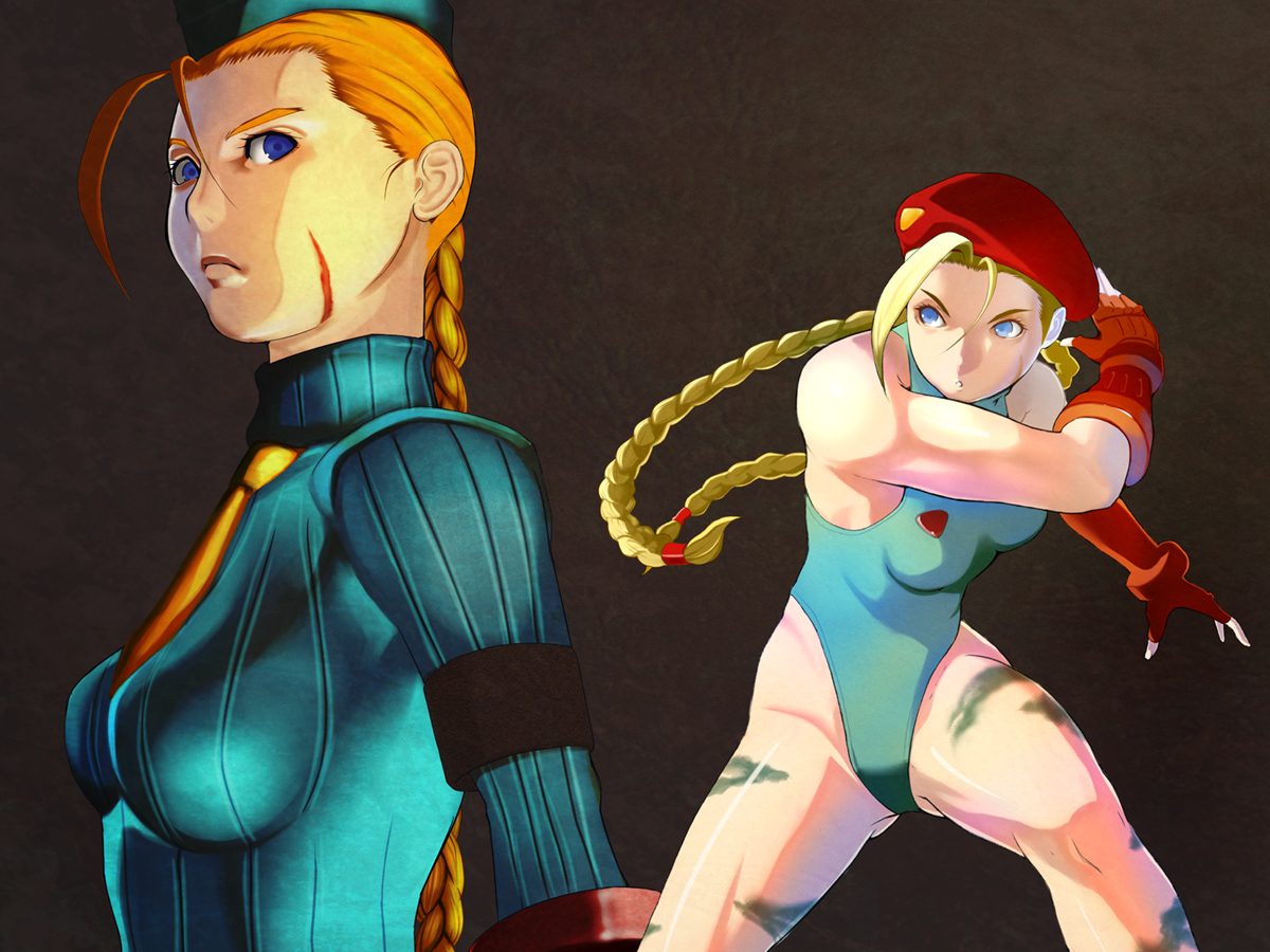 takemaru08, cammy white, capcom, street fighter, 1girl, beret, blonde hair, blue eyes, braid, breasts, female focus, fingerless gloves, gloves, hat, leotard, long hair, necktie, paint, scar, single braid, solo