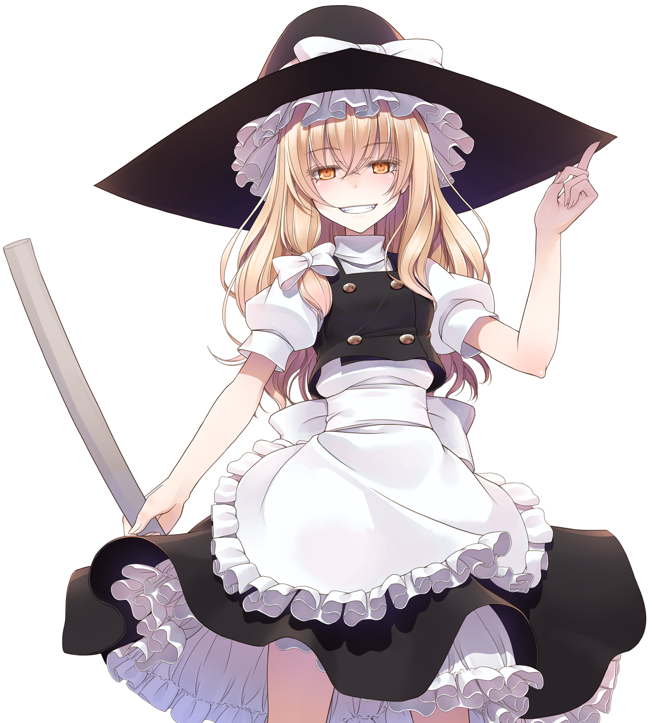 crote, kirisame marisa, touhou, commentary request, highres, large variant set, variant set, 1girl, adjusting clothes, adjusting headwear, apron, arm up, black hat, black skirt, black vest, blonde hair, bow, bowtie, broom, buttons, cowboy shot, frilled apron, frilled skirt, frills, grin, hair between eyes, half-closed eyes, hat, hat ribbon, holding, holding broom, index finger raised, legs apart, long hair, looking at viewer, parted lips, puffy short sleeves, puffy sleeves, ribbon, short sleeves, skirt, smile, solo, standing, tachi-e, transparent background, vest, white apron, white bow, white ribbon, witch hat, yellow eyes