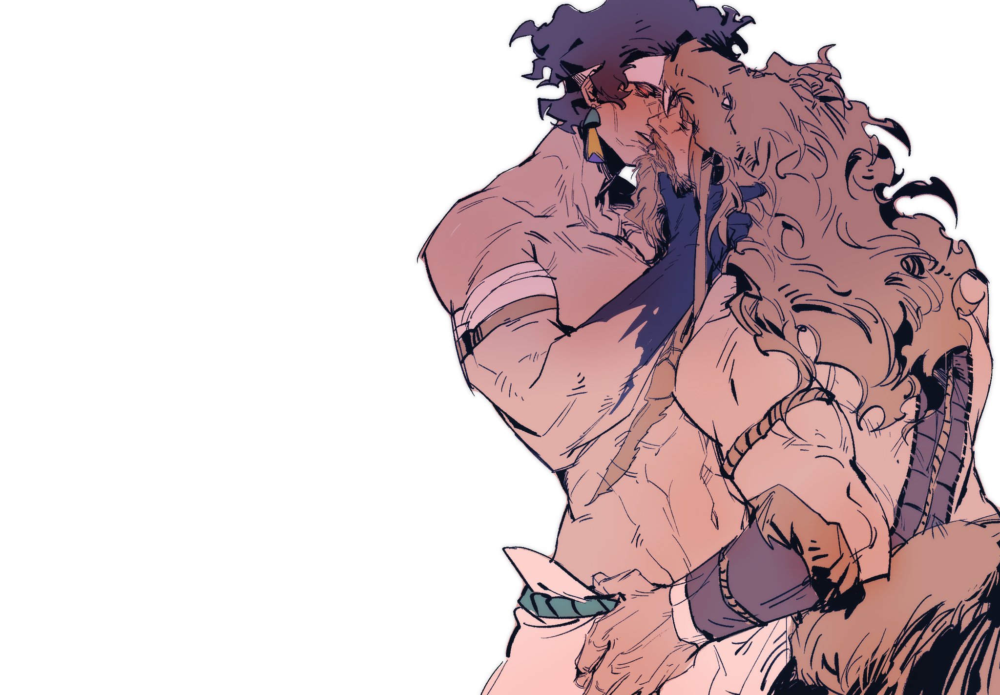 chic l, heracles (hades), prometheus (hades), hades (series), hades 2, hashtag-only commentary, highres, 2boys, beard, belt, black hair, blonde hair, bracer, collarbone, colored extremities, cowboy shot, facial hair, hand on another's face, headband, long hair, male focus, multiple boys, red eyes, rope belt, scar, scar on chest, simple background, topless male, white background, white headband, wolf hat, yaoi