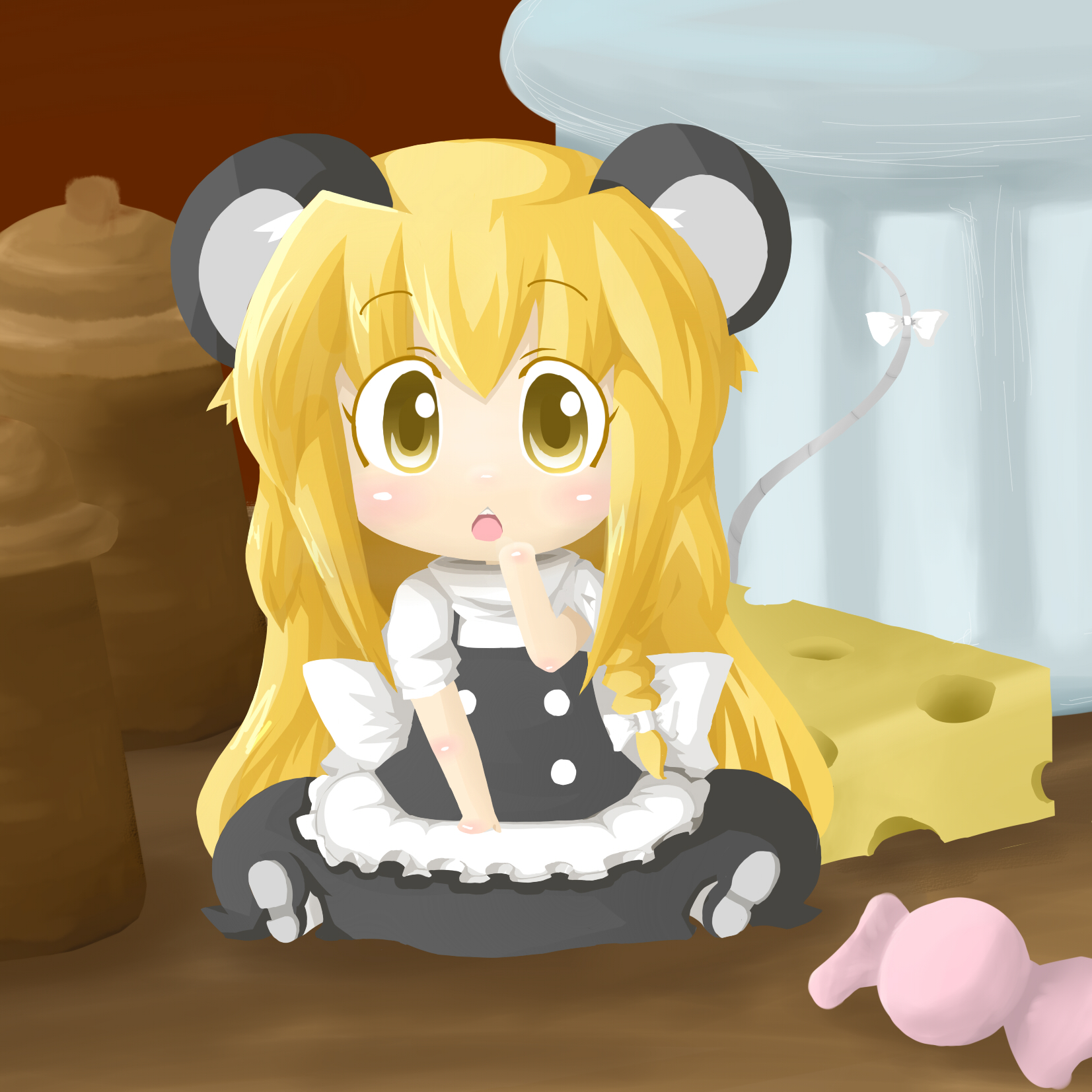 mouse marisa (yuasan), yuasan, kirisame marisa, touhou, bad id, bad pixiv id, highres, 1girl, animal ears, blonde hair, braid, cheese, female focus, food, kemonomimi mode, long hair, mini person, minigirl, mouse ears, mouse tail, solo, tail, yellow eyes