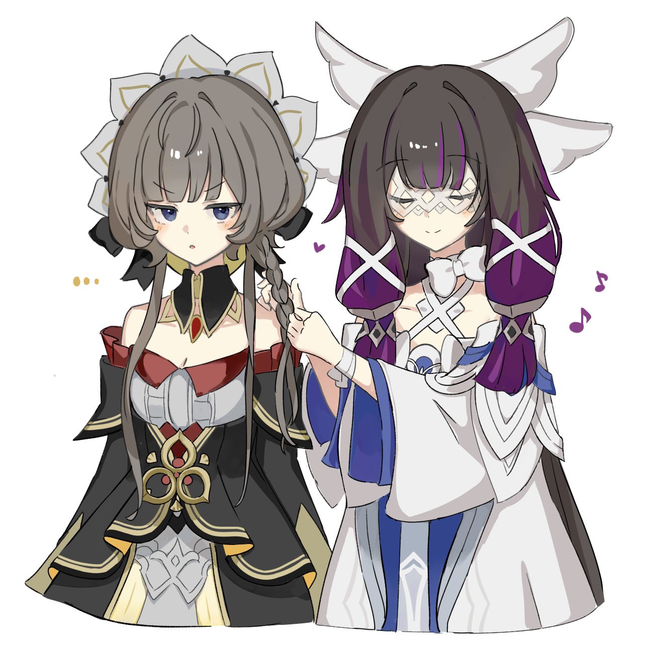 akizuwa, columbina (genshin impact), sandrone (genshin impact), genshin impact, highres, …, 2girls, bare shoulders, black collar, black dress, black hair, black sleeves, blue eyes, blush, bonnet, bow, braiding hair, brown hair, closed eyes, closed mouth, collar, detached collar, detached sleeves, dress, eye mask, frilled sleeves, frills, gradient hair, hair ribbon, hairdressing, head wings, long hair, looking at viewer, mask, multicolored hair, multiple girls, musical note, purple hair, ribbon, simple background, smile, strapless, strapless dress, streaked hair, upper body, white background, white bow, white dress, white ribbon, white wings, wings