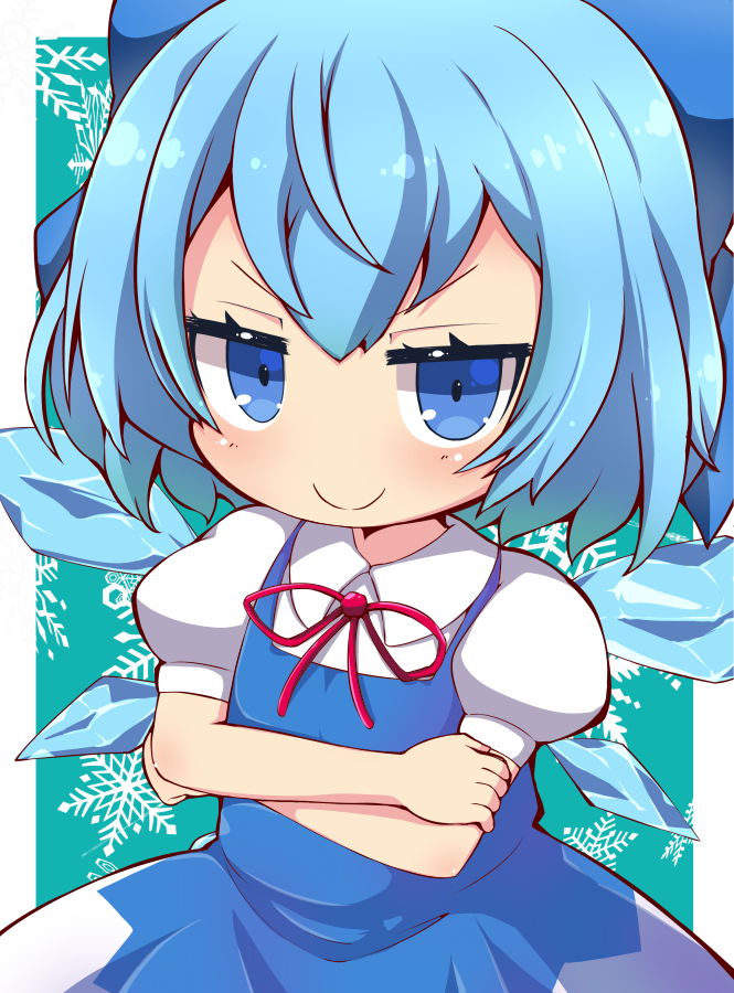 muuba, cirno, touhou, commentary request, 1girl, blue bow, blue dress, blue eyes, blue hair, border, bow, chibi, closed mouth, crossed arms, dress, hair bow, ice, ice wings, jitome, looking at viewer, neck ribbon, pinafore dress, puffy short sleeves, puffy sleeves, red ribbon, ribbon, shirt, short hair, short sleeves, sleeveless, sleeveless dress, snowflake background, solo, upper body, white shirt, wings