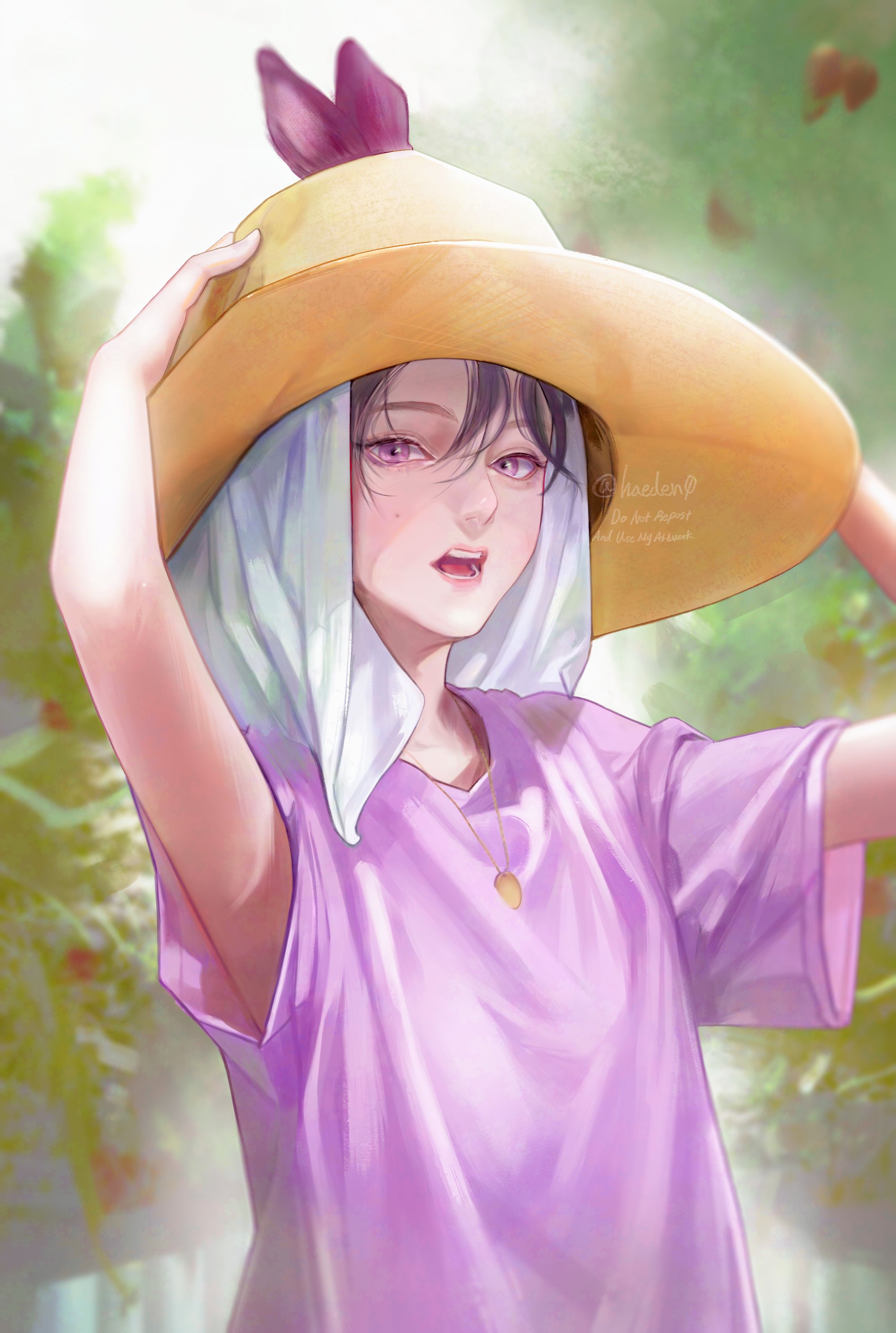 original, absurdres, commentary request, highres, korean commentary, 1girl, arms up, black hair, blurry, blurry background, copyright notice, day, haedenova, hat, jewelry, looking at viewer, necklace, open mouth, outdoors, pink eyes, purple shirt, realistic, shirt, short sleeves, solo, straw hat, t-shirt, watermark