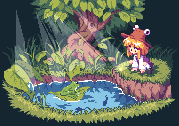 kou 2008, moriya suwako, touhou, bad id, bad pixiv id, 1girl, blonde hair, female focus, frog, grass, hat, leaf, lily pad, nature, pixel art, pond, solo, squatting, tadpole, tree, water