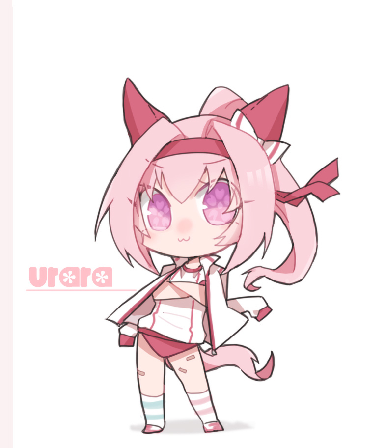 beer hsk, haru urara (bestest prize) (umamusume), haru urara (umamusume), umamusume, commentary request, 1girl, :3, animal ears, bandaid, bandaid on leg, bow, buruma, character name, chibi, closed mouth, contrapposto, crossed arms, ear bow, flower-shaped pupils, full body, gym shirt, hairband, horse ears, horse girl, horse tail, jacket, jacket on shoulders, purple eyes, red buruma, red hairband, red shoes, shadow, shirt, shoes, socks, solo, standing, striped clothes, striped socks, symbol-shaped pupils, tail, v-shaped eyebrows, white background, white bow, white jacket, white shirt