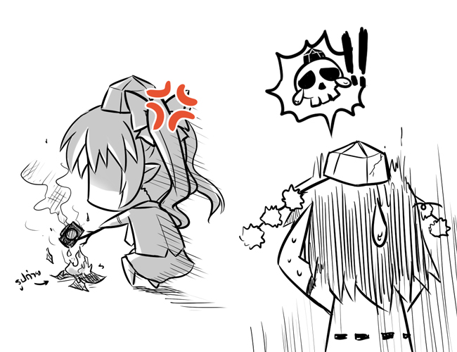 okitakung, himekaidou hatate, shameimaru aya, touhou, translated, 2girls, anger vein, camera, chibi, female focus, fire, hat, monochrome, multiple girls, pom pom (clothes), short hair, skull, spot color, sweatdrop, thai text, tokin hat, twintails