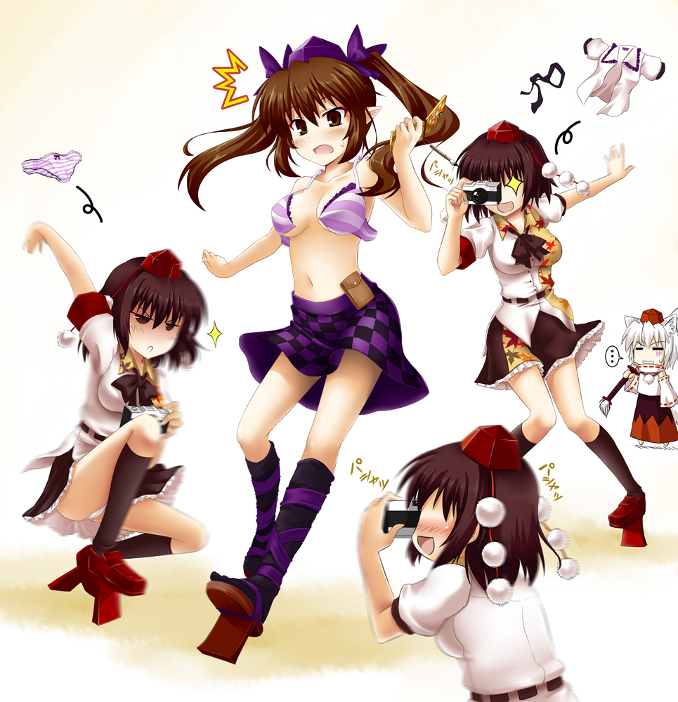 okitakung, himekaidou hatate, inubashiri momiji, shameimaru aya, touhou, cross-laced footwear, + +, …, 3girls, ^^^, animal ears, black socks, blush, bra, breasts, breasts apart, brown eyes, brown hair, camera, cellphone, checkered clothes, checkered skirt, detached sleeves, fang, female focus, female pervert, geta, hat, kneehighs, lingerie, medium breasts, multiple girls, navel, nipples, panties, pervert, phone, pointy ears, rape face, short hair, skirt, socks, striped bra, striped clothes, striped panties, sword, tail, tengu-geta, tokin hat, twintails, underwear, undressing, weapon, white hair, wolf ears, wolf tail