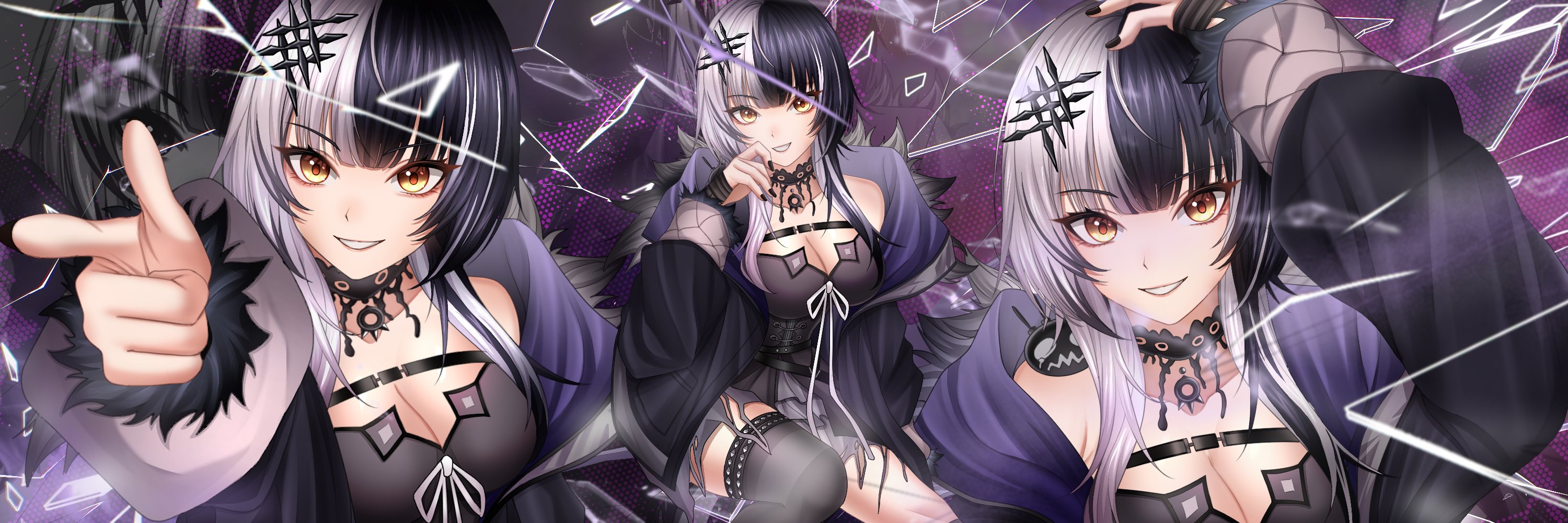 shinraizuku, shiori novella, shiori novella (1st costume), yorick (shiori novella), hololive, hololive english, commentary, highres, 1girl, belt, black belt, black choker, black coat, black dress, black hair, black nails, black thighhighs, breasts, chest belt, choker, coat, dress, feet out of frame, fur-trimmed coat, fur-trimmed sleeves, fur trim, glass shards, grey hair, grin, hair ornament, hand on own cheek, hand on own face, hand on own head, large breasts, long hair, long sleeves, looking at viewer, multicolored hair, multiple views, nail polish, open clothes, open coat, pendant choker, pointing, sitting, smile, solo, split-color hair, striped clothes, striped thighhighs, thighhighs, two-tone hair, upper body, very long fingernails, virtual youtuber, yellow eyes