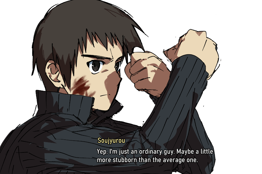 lurmturm, shizuki soujuurou, mahou tsukai no yoru, 1boy, arms up, black eyes, black hair, blocking, blood, blood on face, character name, clenched hands, closed mouth, dialogue box, english text, guard, high collar, light frown, long sleeves, looking ahead, male focus, solo, upper body