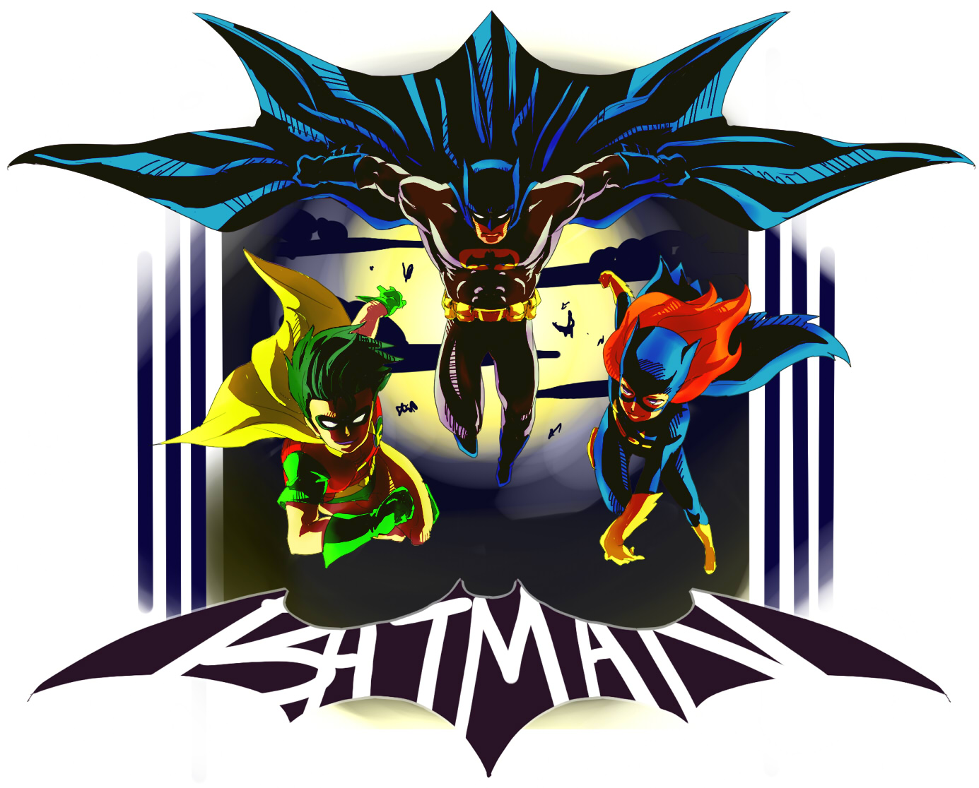 hotate (suikaneko), barbara gordon, batgirl, batman, bruce wayne, dick grayson, robin (dc), batman (series), dc comics, black footwear, green footwear, yellow footwear, 1girl, 2boys, bodysuit, cape, copyright name, family, father and son, gloves, green gloves, green hair, long hair, mask, multiple boys, orange hair, shoes, short hair