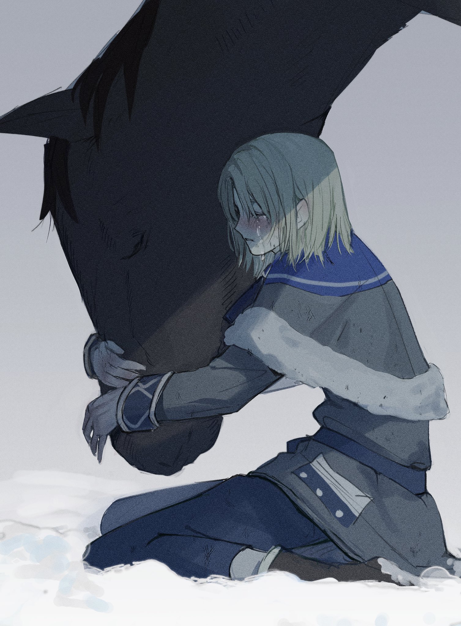 winter 1242, dimitri alexandre blaiddyd, dimitri alexandre blaiddyd (young), fire emblem, fire emblem: three houses, nintendo, highres, 1boy, animal, animal hug, blue pants, boots, brown boots, capelet, closed eyes, crying, from side, fur-trimmed capelet, fur trim, hair behind ear, horse, long sleeves, male focus, medium hair, outdoors, pants, sleeve cuffs, snow, solo, tears, white fur