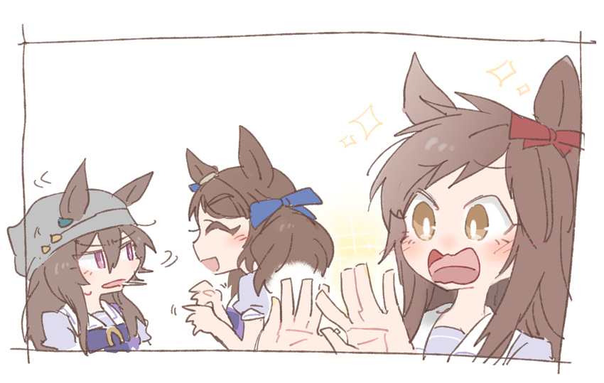 beer hsk, buena vista (old design) (umamusume), nakayama festa (umamusume), tosen jordan (umamusume), umamusume, commentary request, 3girls, :d, ^ ^, beanie, blue bow, bow, brown eyes, brown hair, closed eyes, ear bow, ears through headwear, grey hat, hair between eyes, hair bow, hat, multiple girls, open mouth, profile, puffy short sleeves, puffy sleeves, purple bow, purple eyes, purple shirt, red bow, school uniform, shirt, short sleeves, smile, sparkle, sparkle background, tracen school uniform, twintails, upper body, wavy mouth, white background