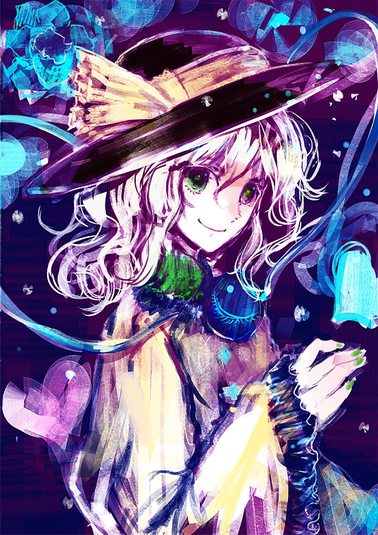 nokishita, komeiji koishi, touhou, 1girl, blonde hair, blush, bow, bowtie, female focus, frilled sleeves, frills, green bow, green bowtie, green eyes, heart, long sleeves, short hair, smile, solo, string, third eye, wavy hair, wide sleeves