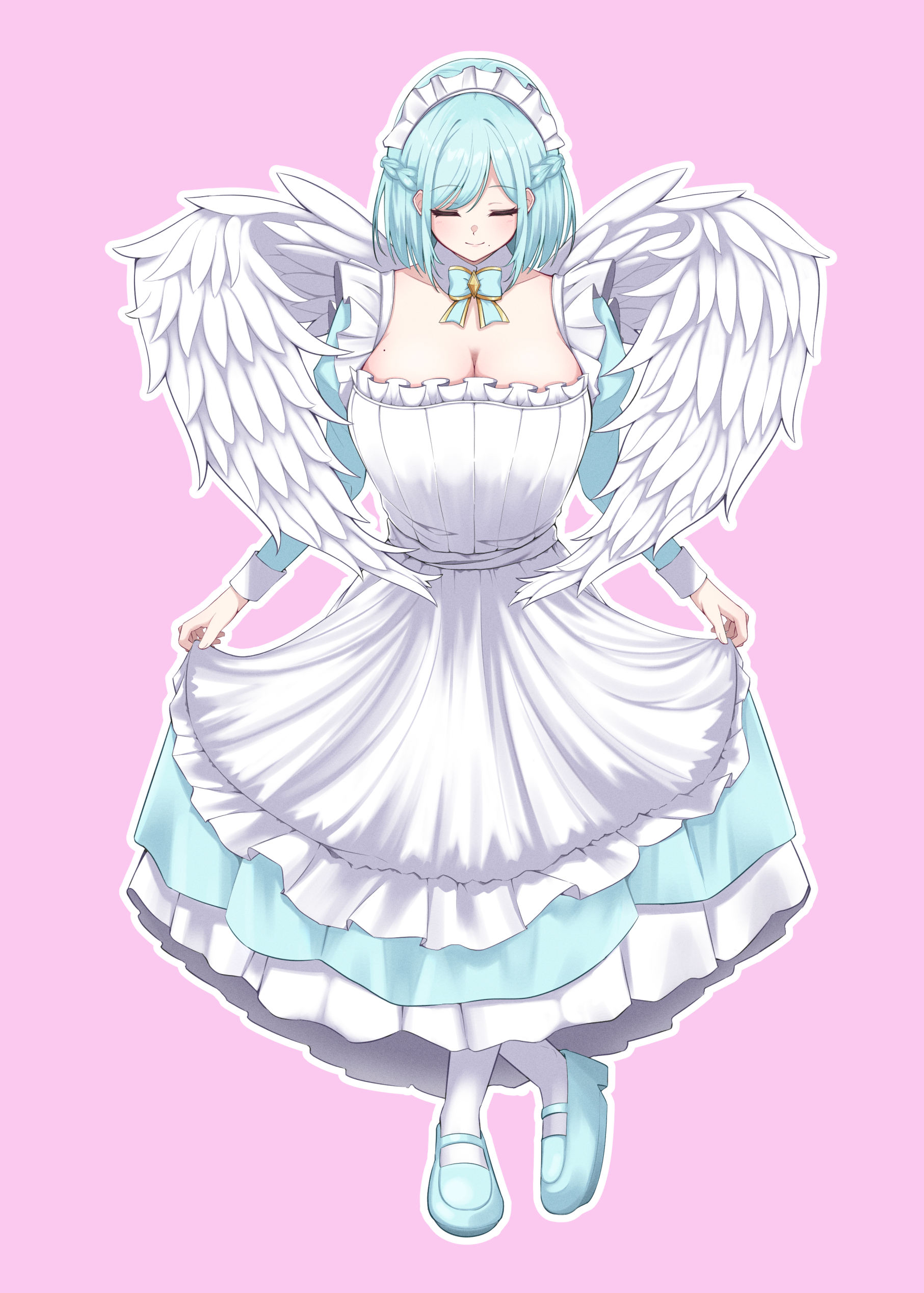 doraryu12, moira (nijisanji), nijisanji, absurdres, commentary request, highres, 1girl, angel wings, apron, blue dress, blue hair, blue shoes, border, breasts, cleavage, closed eyes, closed mouth, crossed ankles, curtsey, dress, feathered wings, frilled apron, frilled dress, frills, full body, large breasts, long dress, long sleeves, maid, maid headdress, mary janes, medium hair, mole, mole on breast, pantyhose, pink background, shoes, simple background, skirt hold, smile, solo, virtual youtuber, white apron, white border, white pantyhose, white wings, wings
