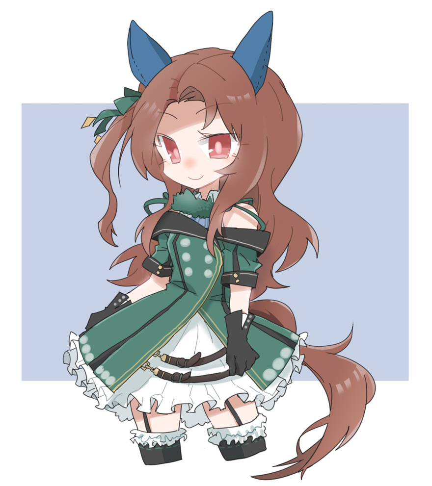 beer hsk, king halo (king of emeralds) (umamusume), king halo (umamusume), umamusume, commentary request, 1girl, animal ears, black gloves, black thighhighs, bow, brown hair, closed mouth, cropped legs, dress, forehead, frilled dress, frilled jacket, frilled thighhighs, frills, garter straps, gloves, green bow, green jacket, grey background, hair bow, horse ears, horse girl, horse tail, jacket, long hair, off-shoulder jacket, off shoulder, one side up, parted bangs, red eyes, short sleeves, sleeveless, sleeveless dress, smile, solo, tail, thighhighs, two-tone background, white background, white dress