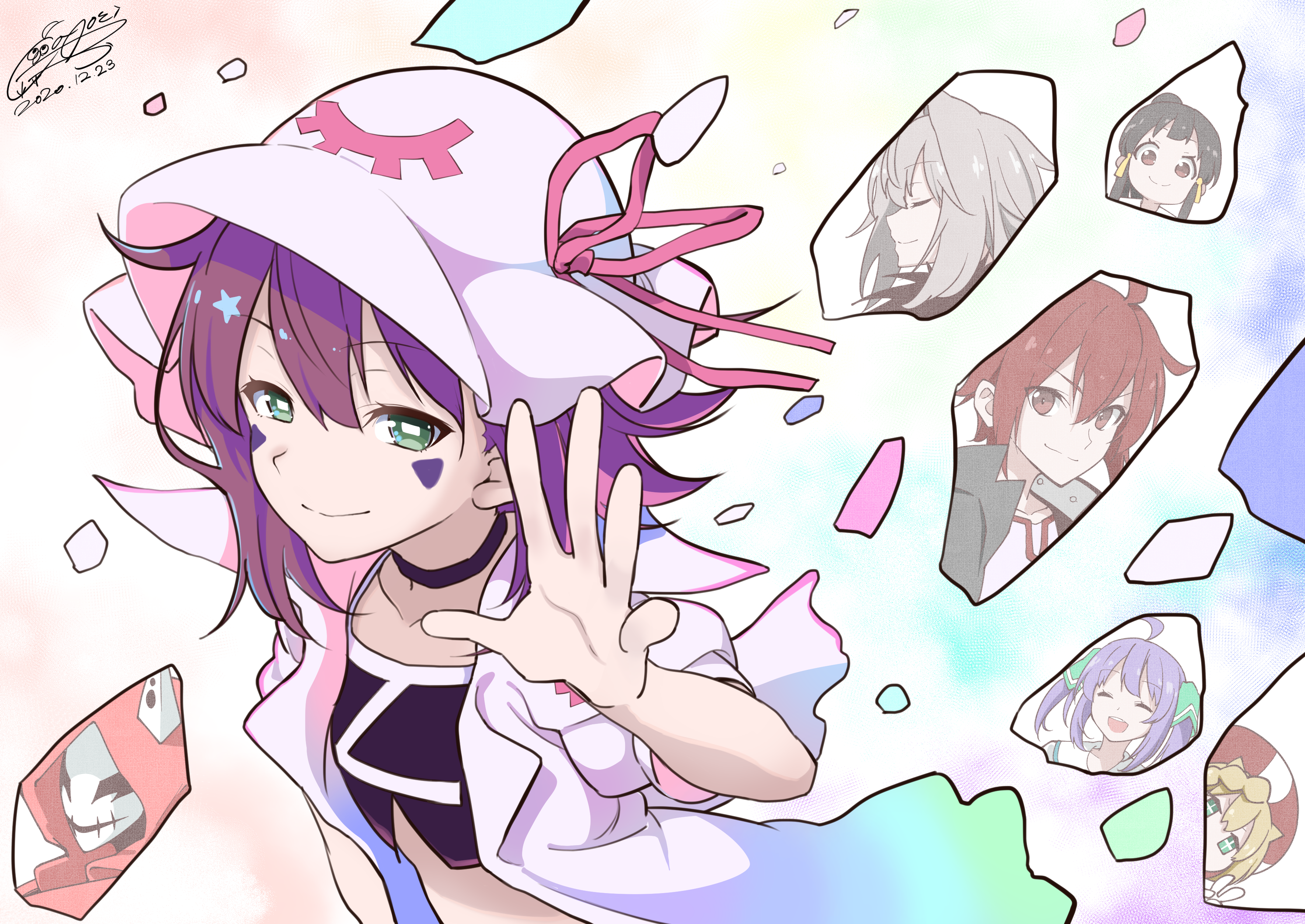 cototiworld, clione, engi threepiece, fujiwara yumeji, john doe (yumekui merry), kounagi yui, merry nightmare, tachibana isana, yumekui merry, absurdres, highres, + +, 2boys, 5girls, ahoge, black choker, black hair, brown hair, choker, closed mouth, coat, crop top, cross-shaped pupils, facial mark, green eyes, grey hair, hat, horizontal pupils, light smile, mask, multiple boys, multiple girls, purple hair, short hair, signature, smile, symbol-shaped pupils, triangle, triangle facial mark, v, waving, white coat, white hat